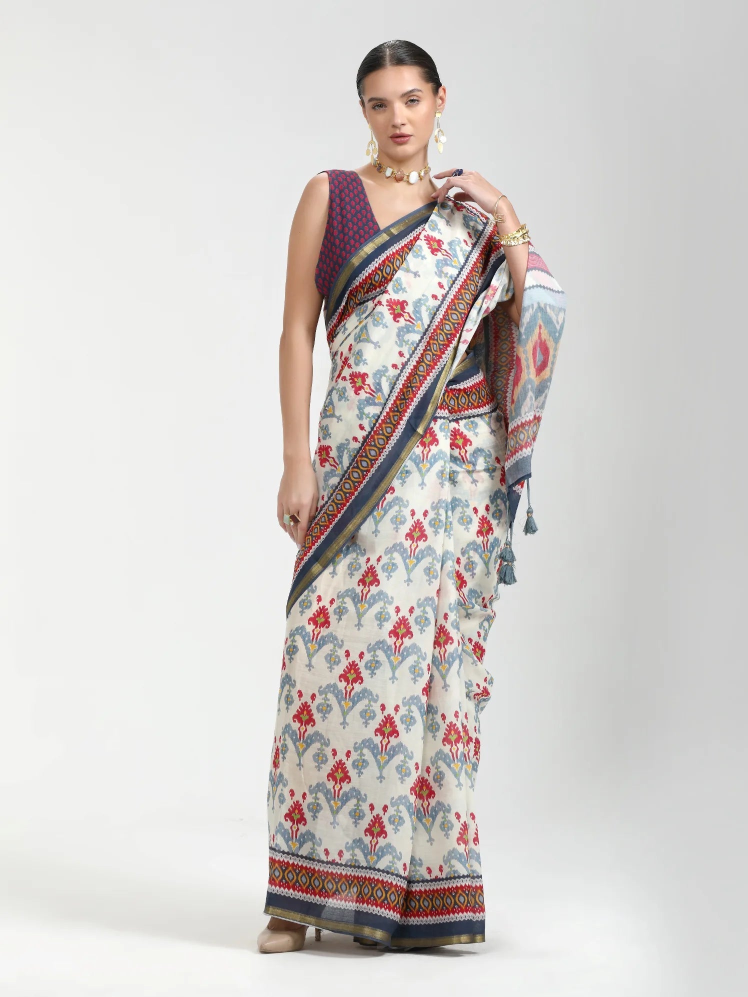WHITE & DARK BLUE VISCOSE MUL LIVA DIGITAL PRINTED SAREE