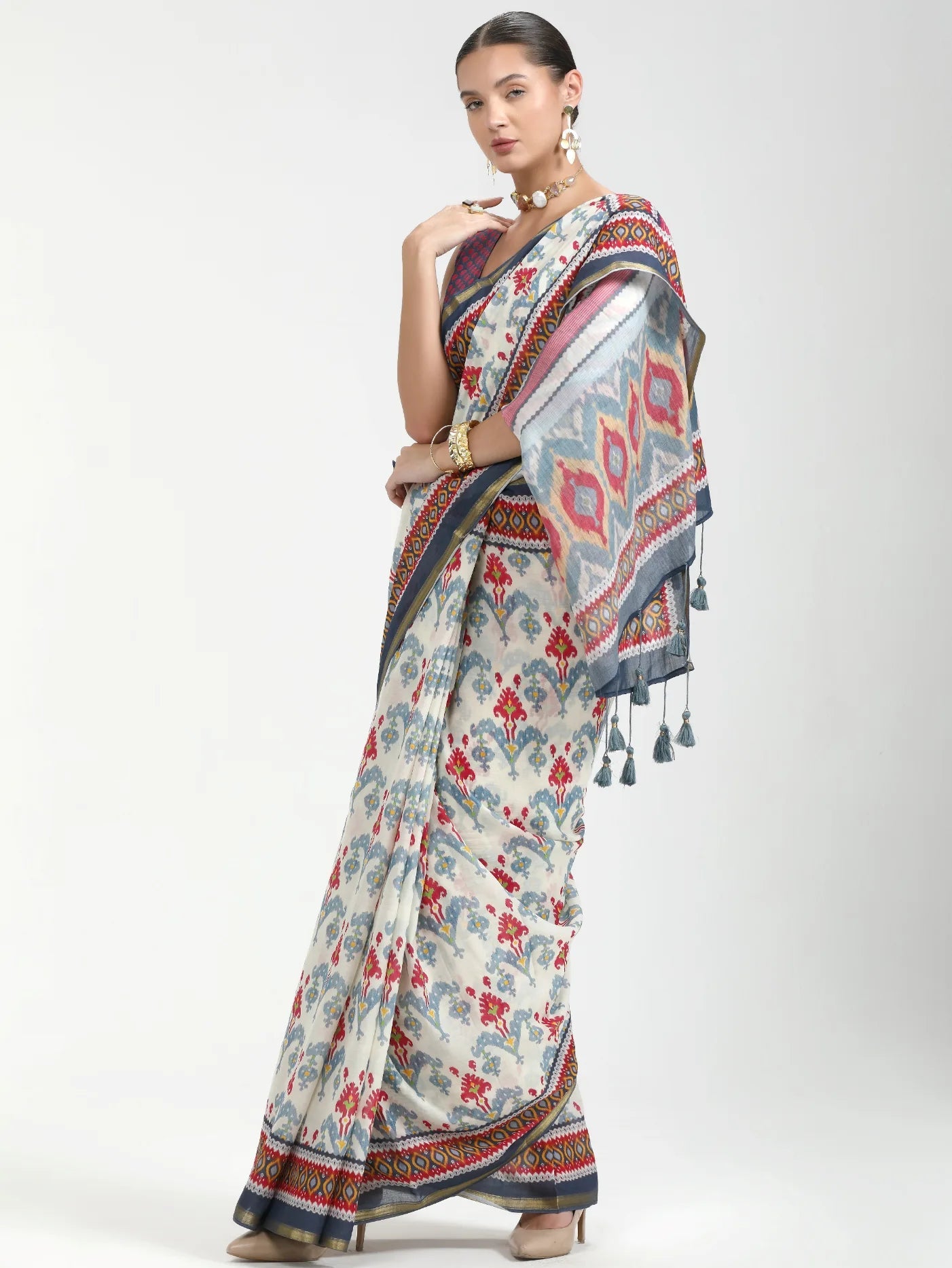WHITE & DARK BLUE MULMUL COTTON LIVA DIGITAL PRINTED SAREE