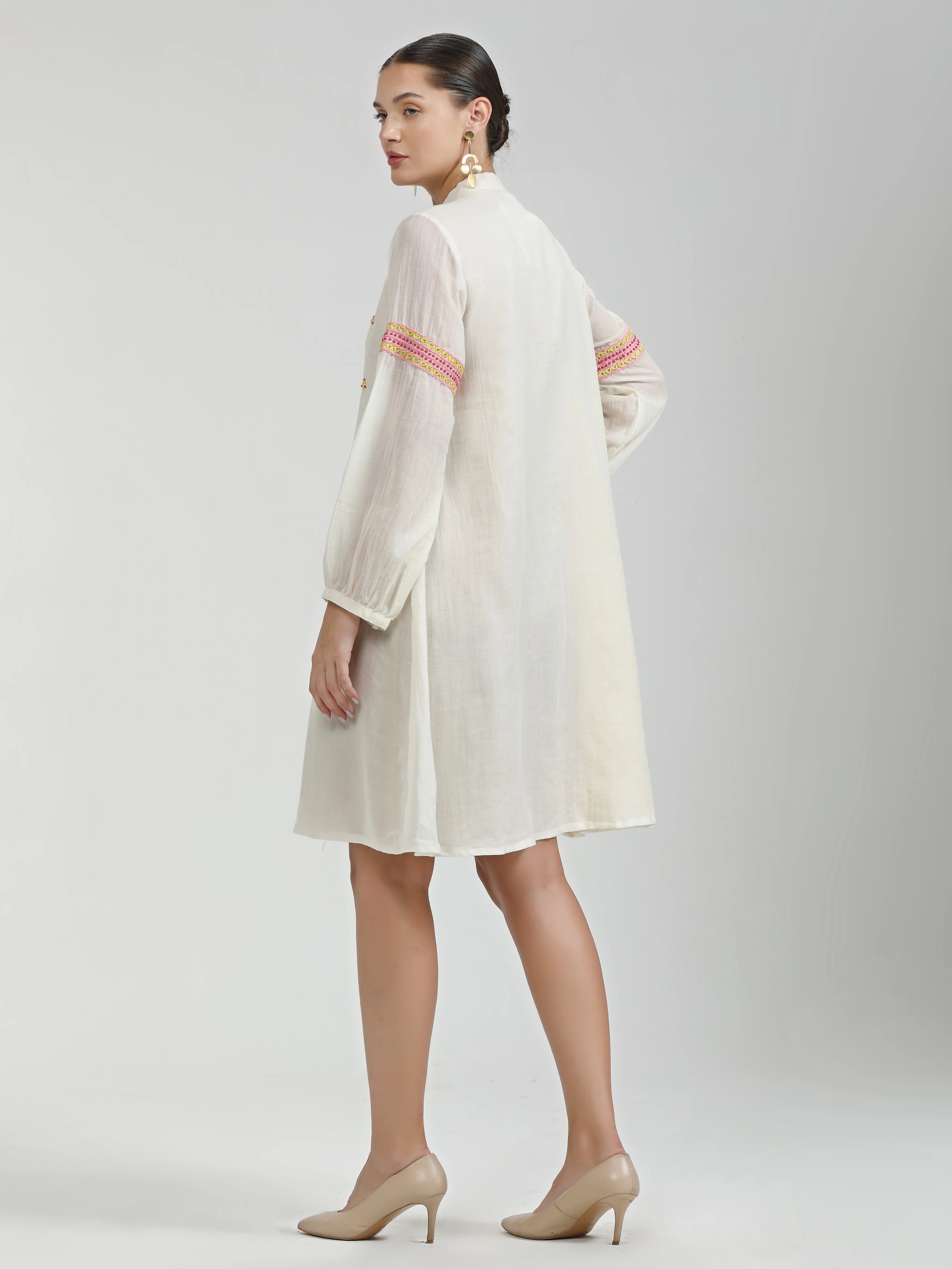 WHITE LIVA VISCOSE MUL HAND EMBROIDERED DRESS