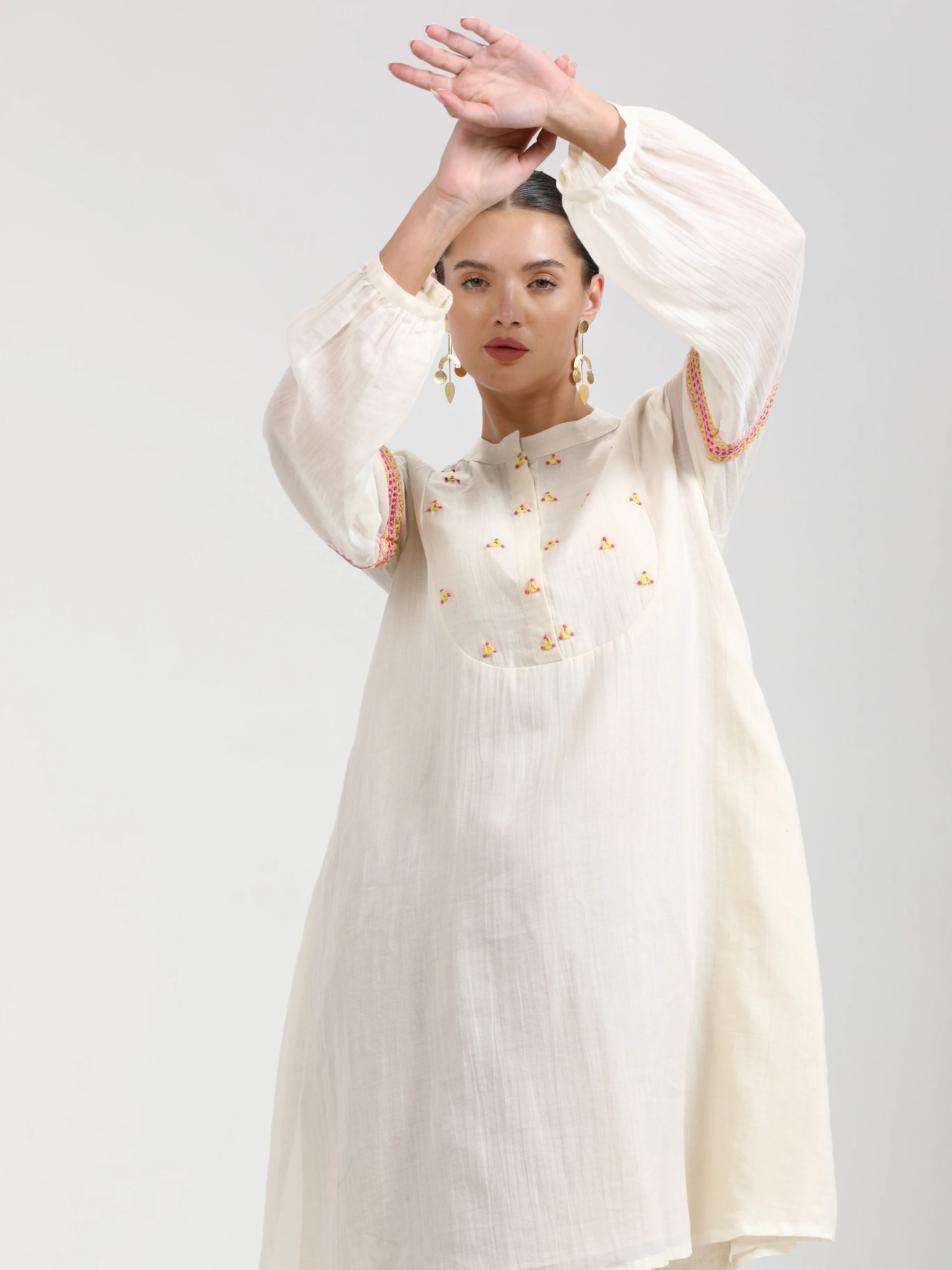 WHITE LIVA VISCOSE MUL HAND EMBROIDERED DRESS