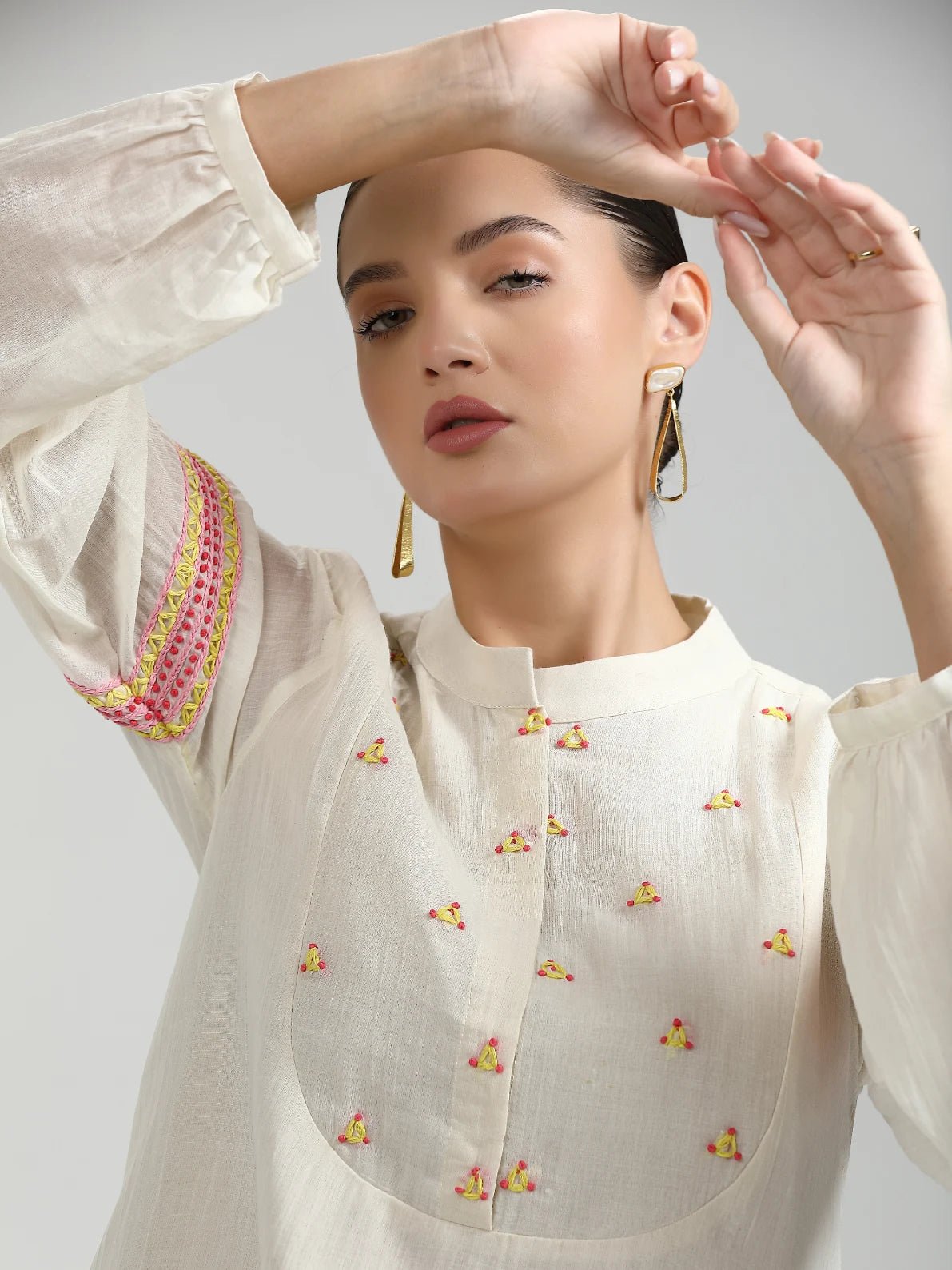 WHITE LIVA VISCOSE MUL HAND EMBROIDERED DRESS