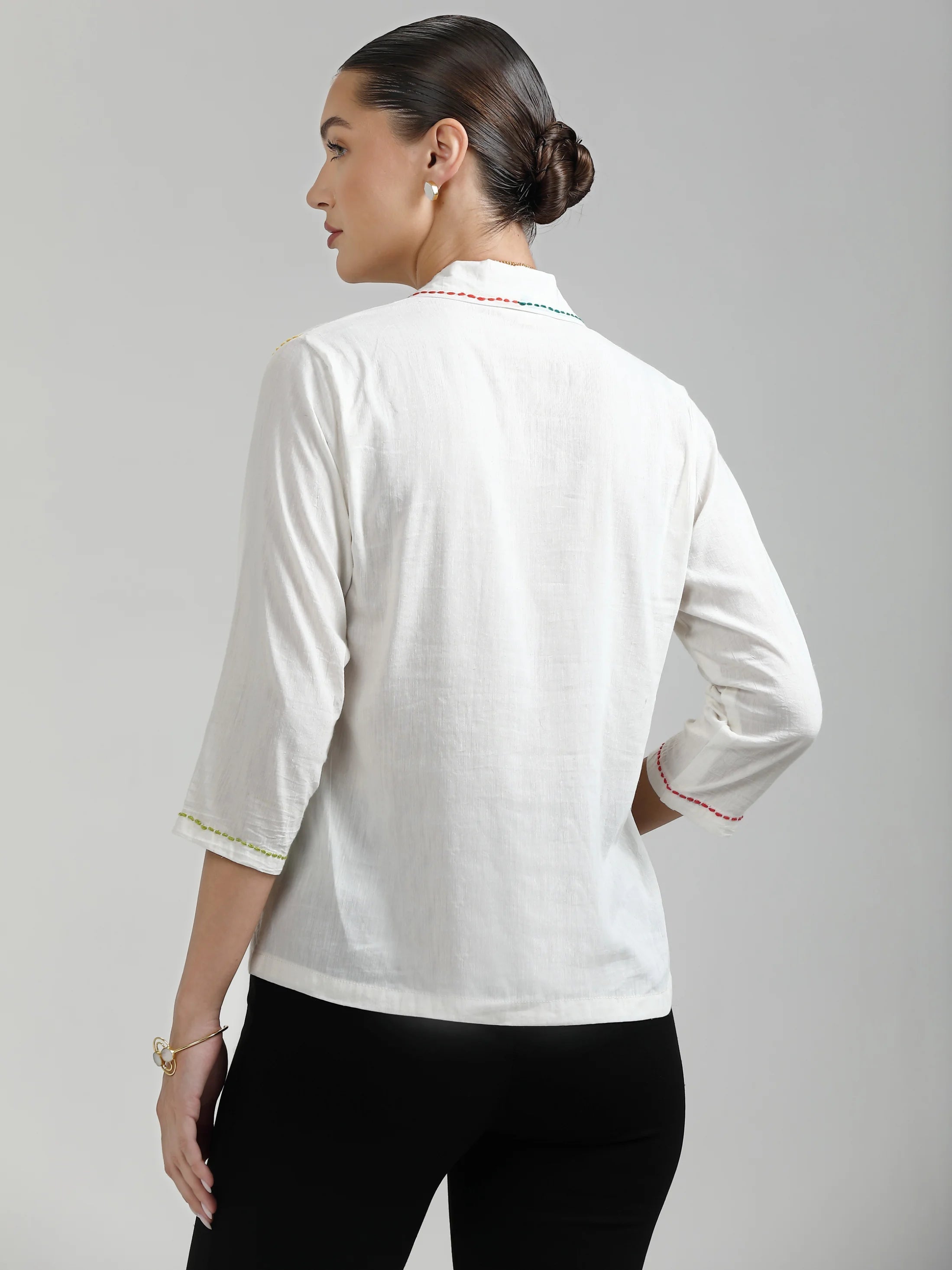 WHITE LIVO LINEN HAND EMBROIDERED SHIRT