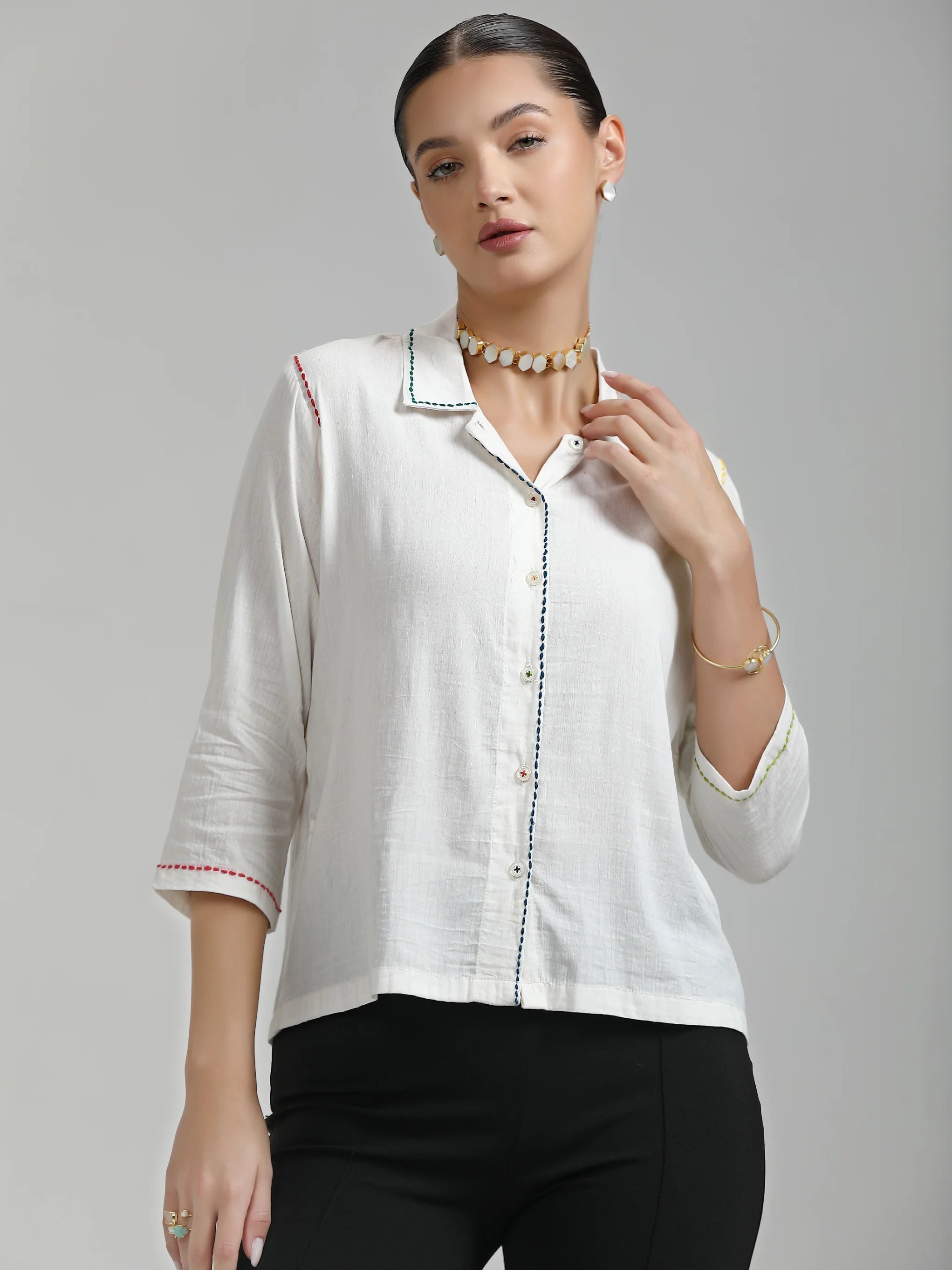 WHITE LIVO LINEN HAND EMBROIDERED SHIRT