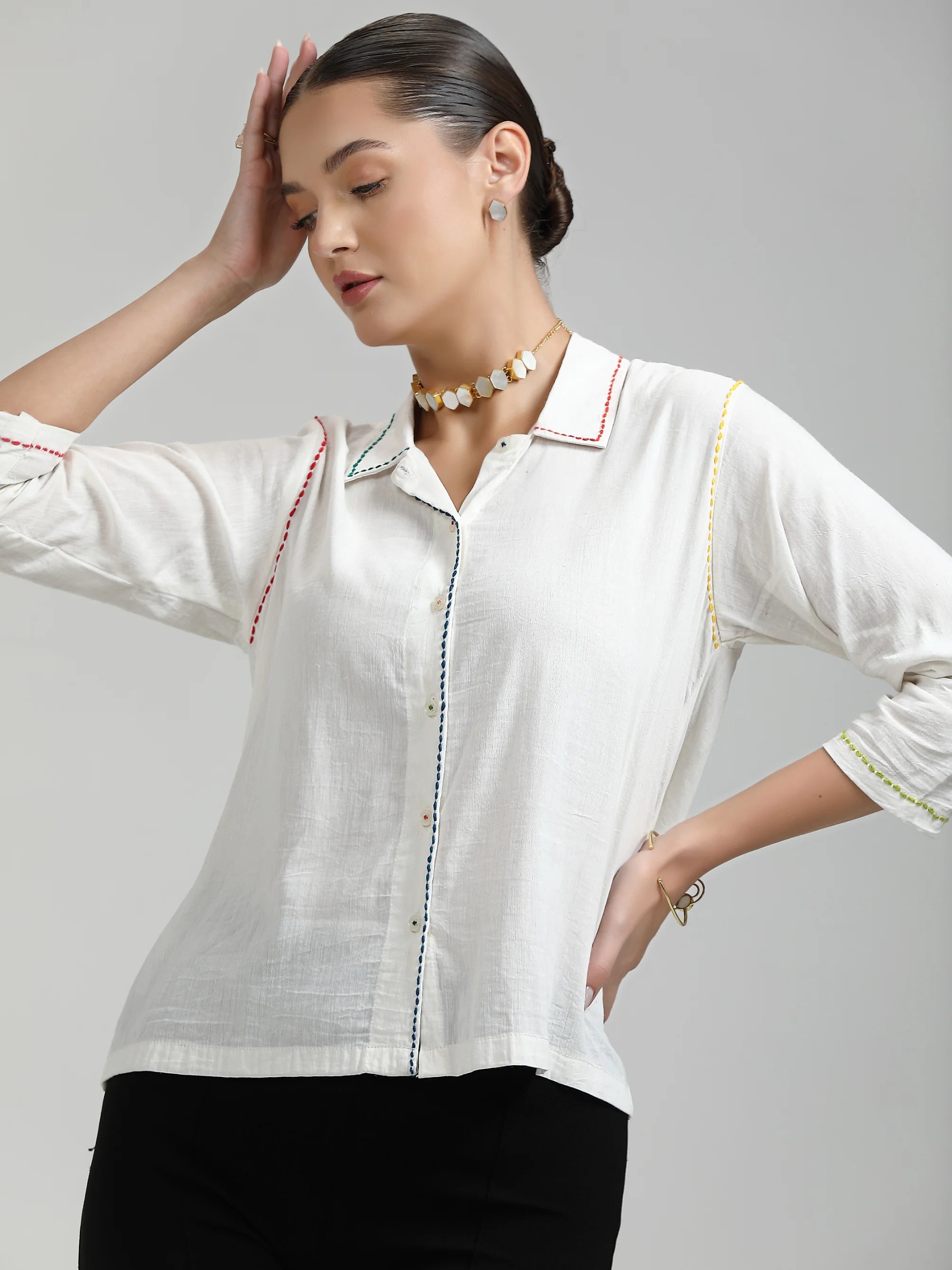 WHITE LIVO LINEN HAND EMBROIDERED SHIRT