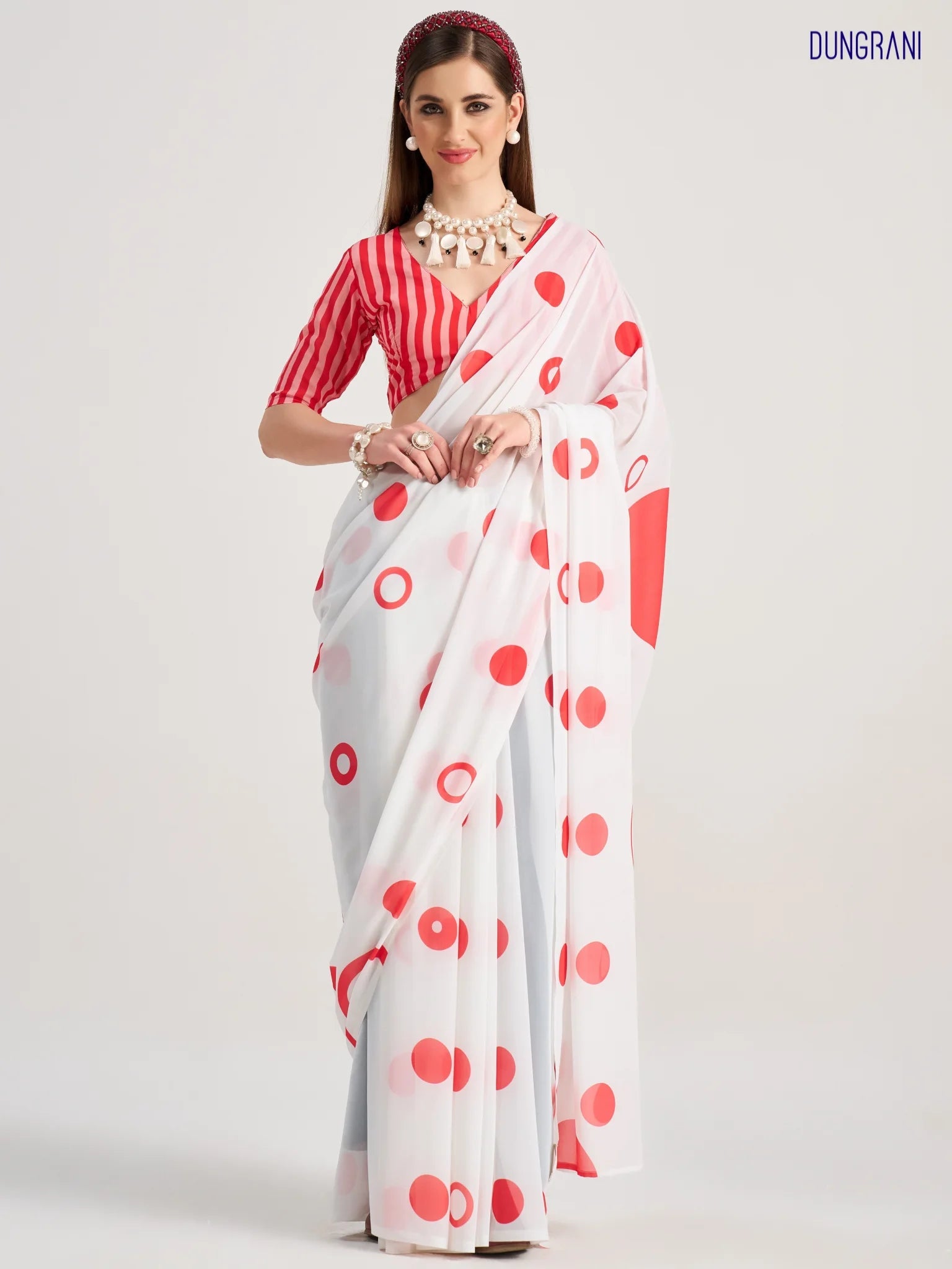 WHITE & RED GEORGETTE POLKA POPS DIGITAL PRINTED SAREE