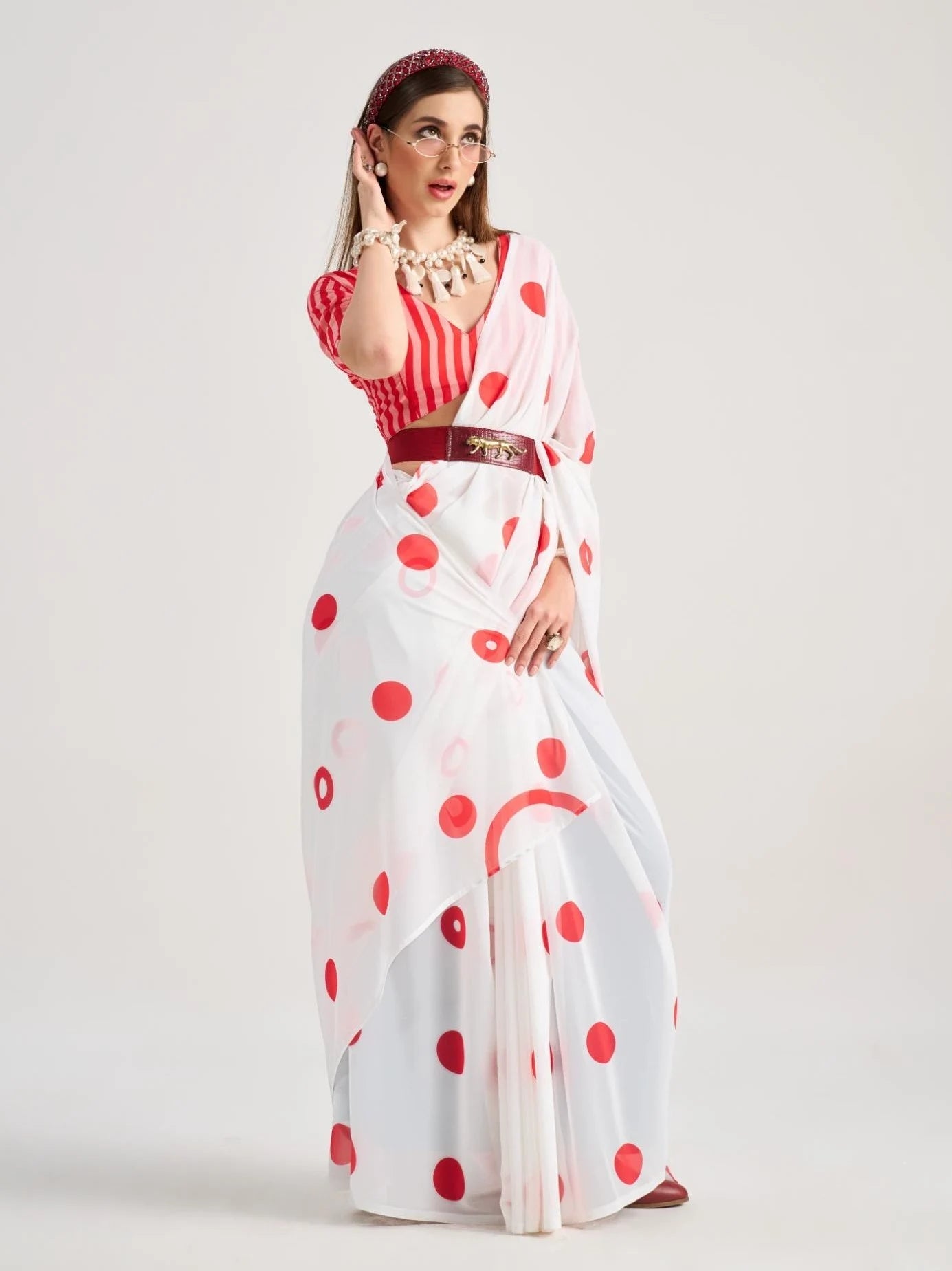 WHITE & RED GEORGETTE POLKA POPS DIGITAL PRINTED SAREE