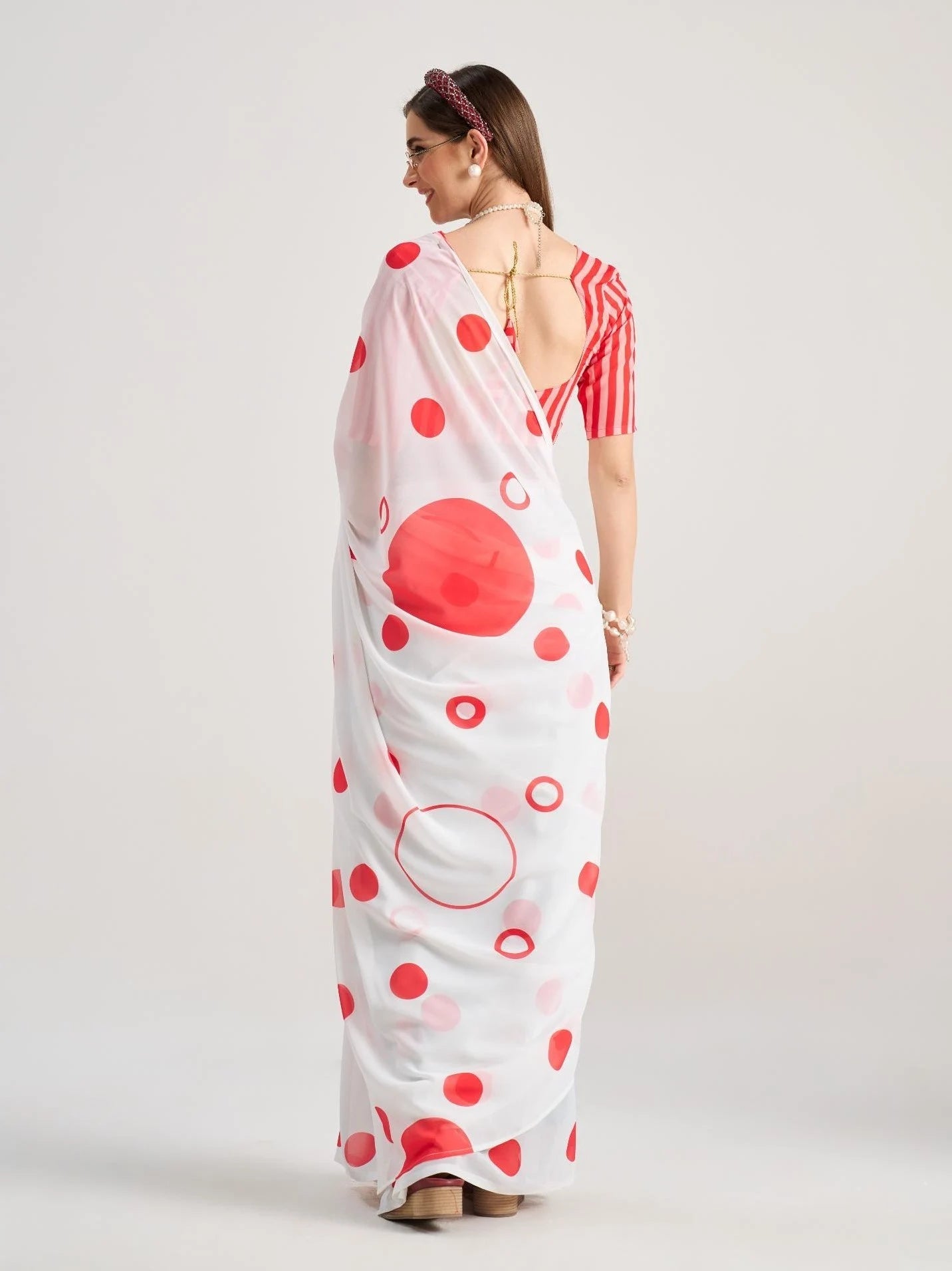 WHITE & RED GEORGETTE POLKA POPS DIGITAL PRINTED SAREE