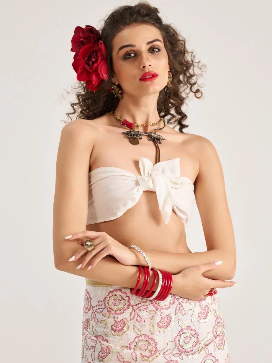 WHITE VISCOSE MUL FLOWER PRINTED SAREE