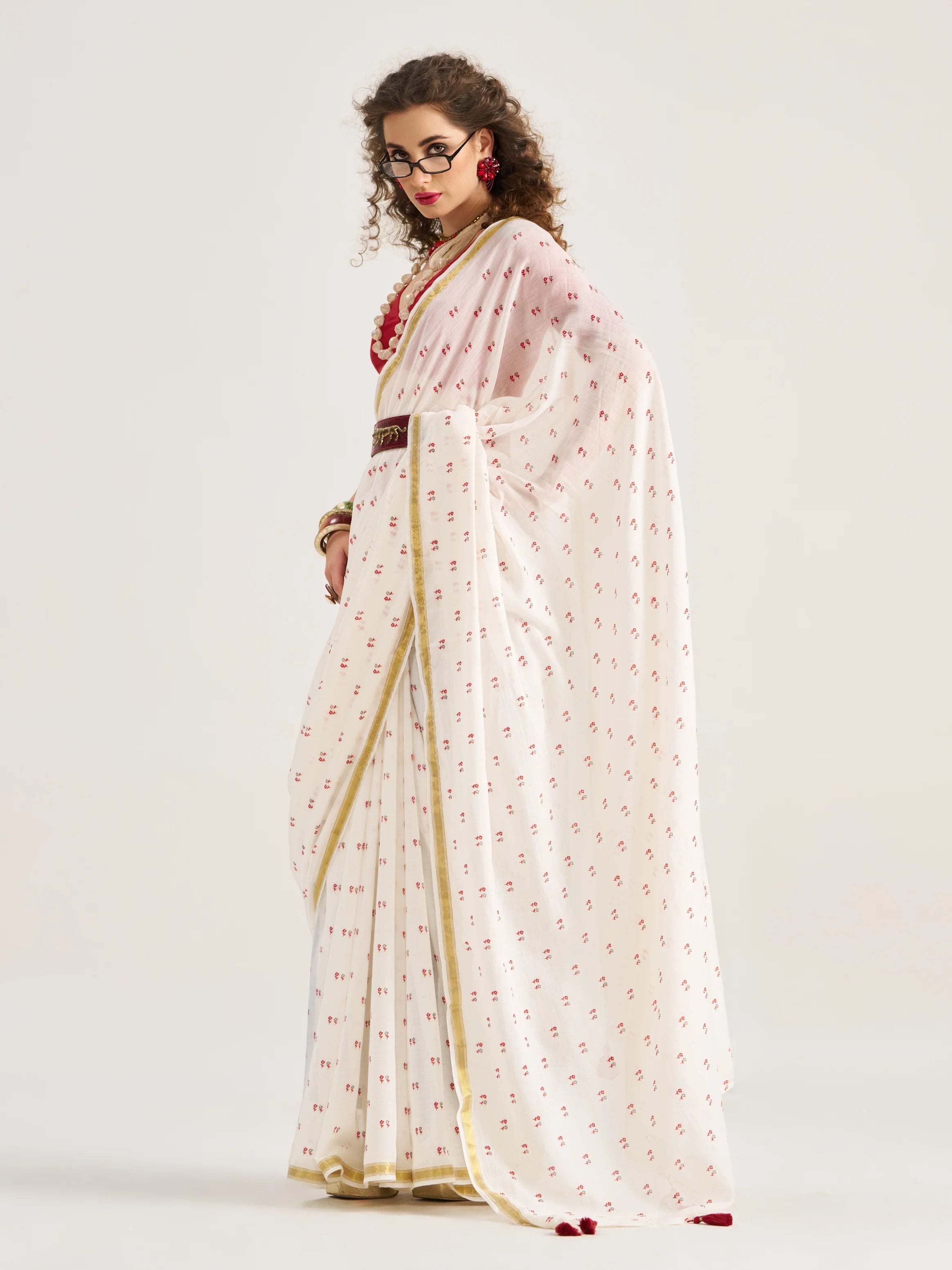 WHITE VISCOSE MUL FOIL PRINTED SAREE