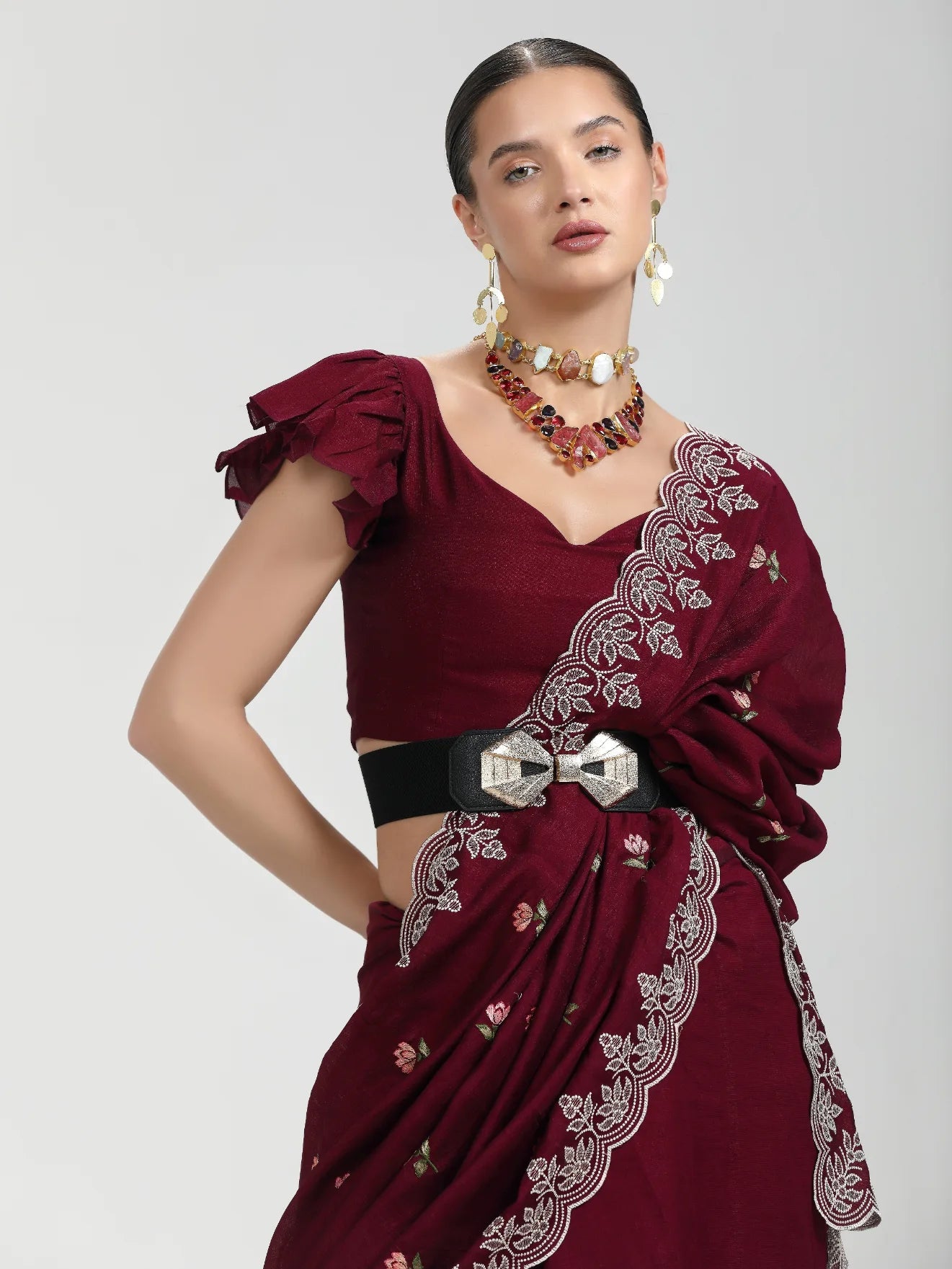 WINE TITANIUM ART SILK KANTHA EMBROIDERY SAREE