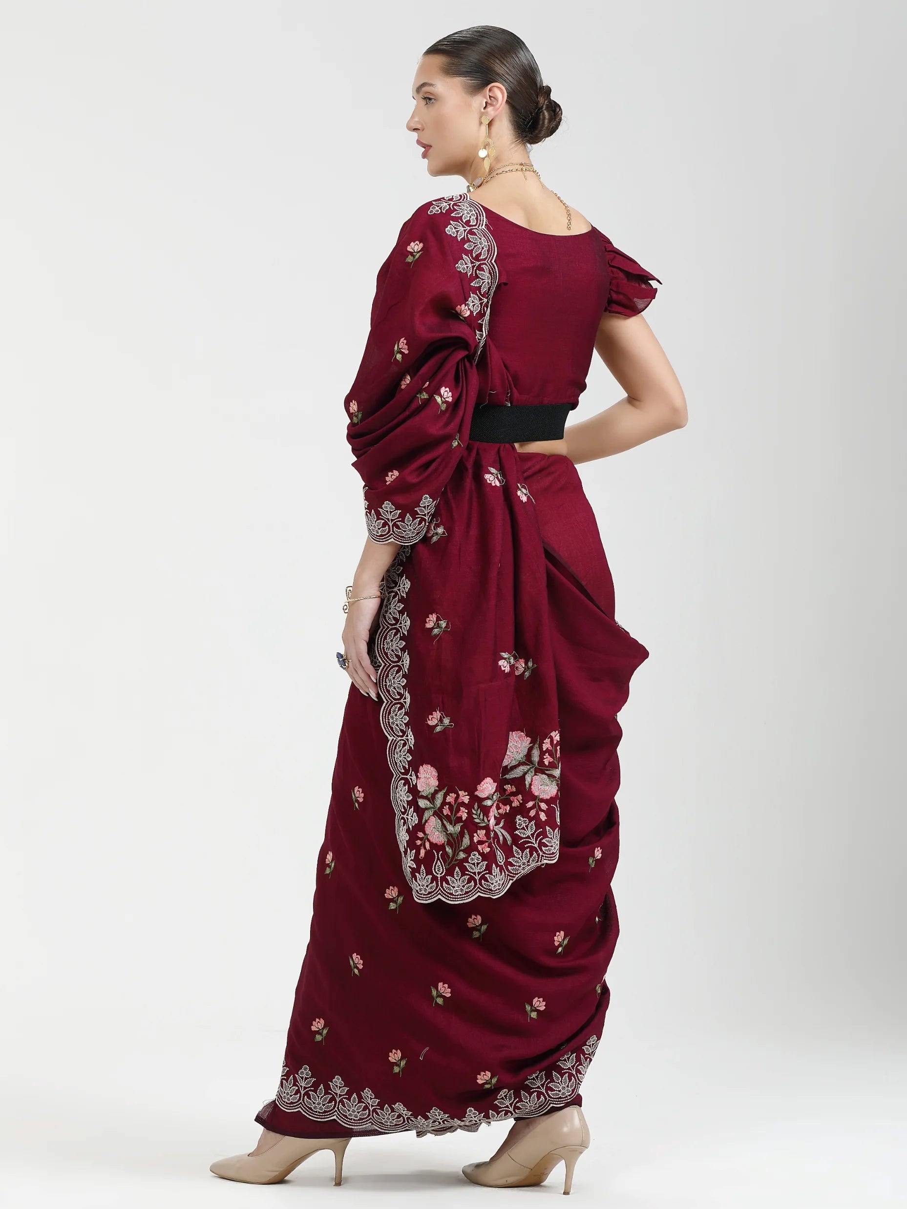 WINE TITANIUM ART SILK KANTHA EMBROIDERY SAREE