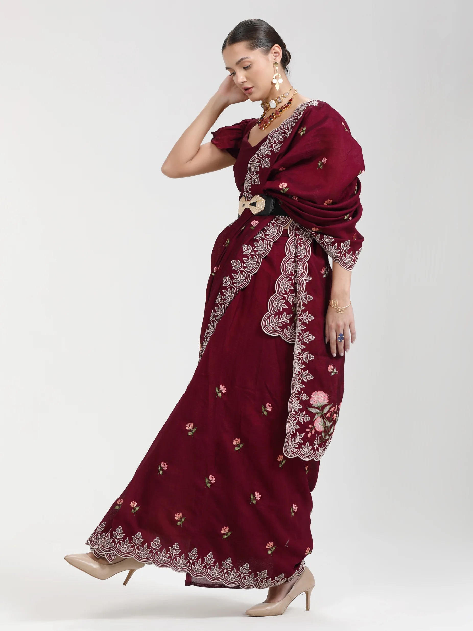 WINE TITANIUM ART SILK KANTHA EMBROIDERY SAREE