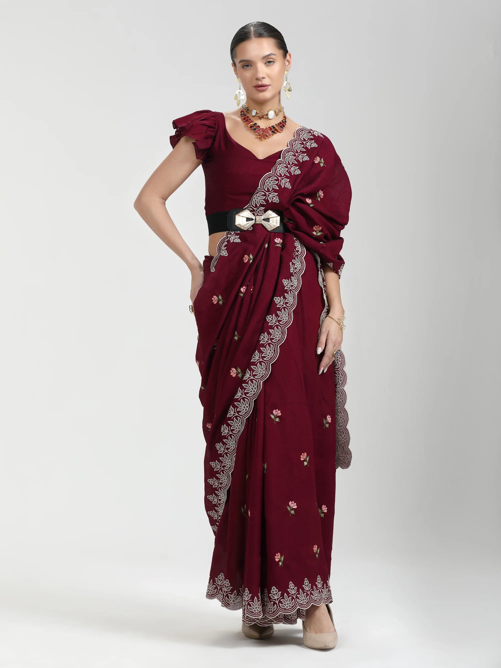 WINE TITANIUM ART SILK KANTHA EMBROIDERY SAREE