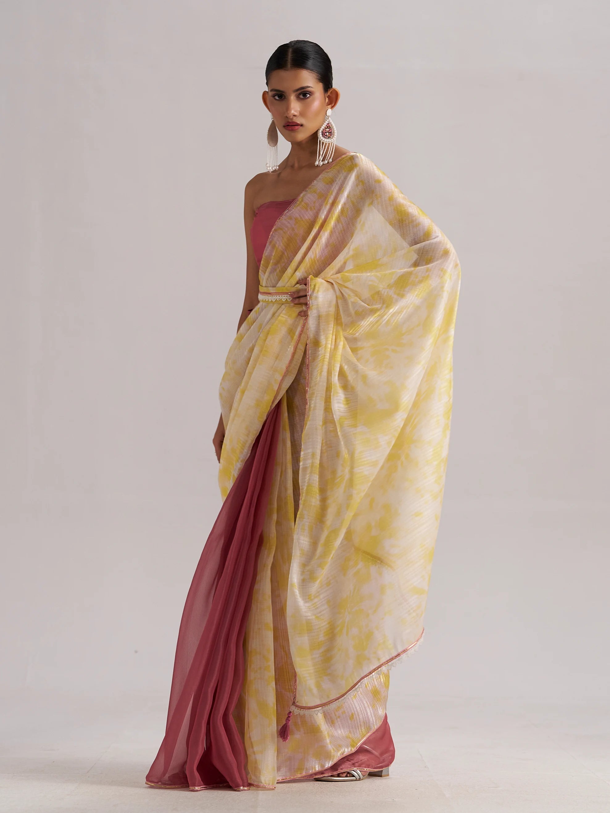 YELLOW BOUGAINVILLEA SOFT ORGANZA READY TO WEAR SAREE