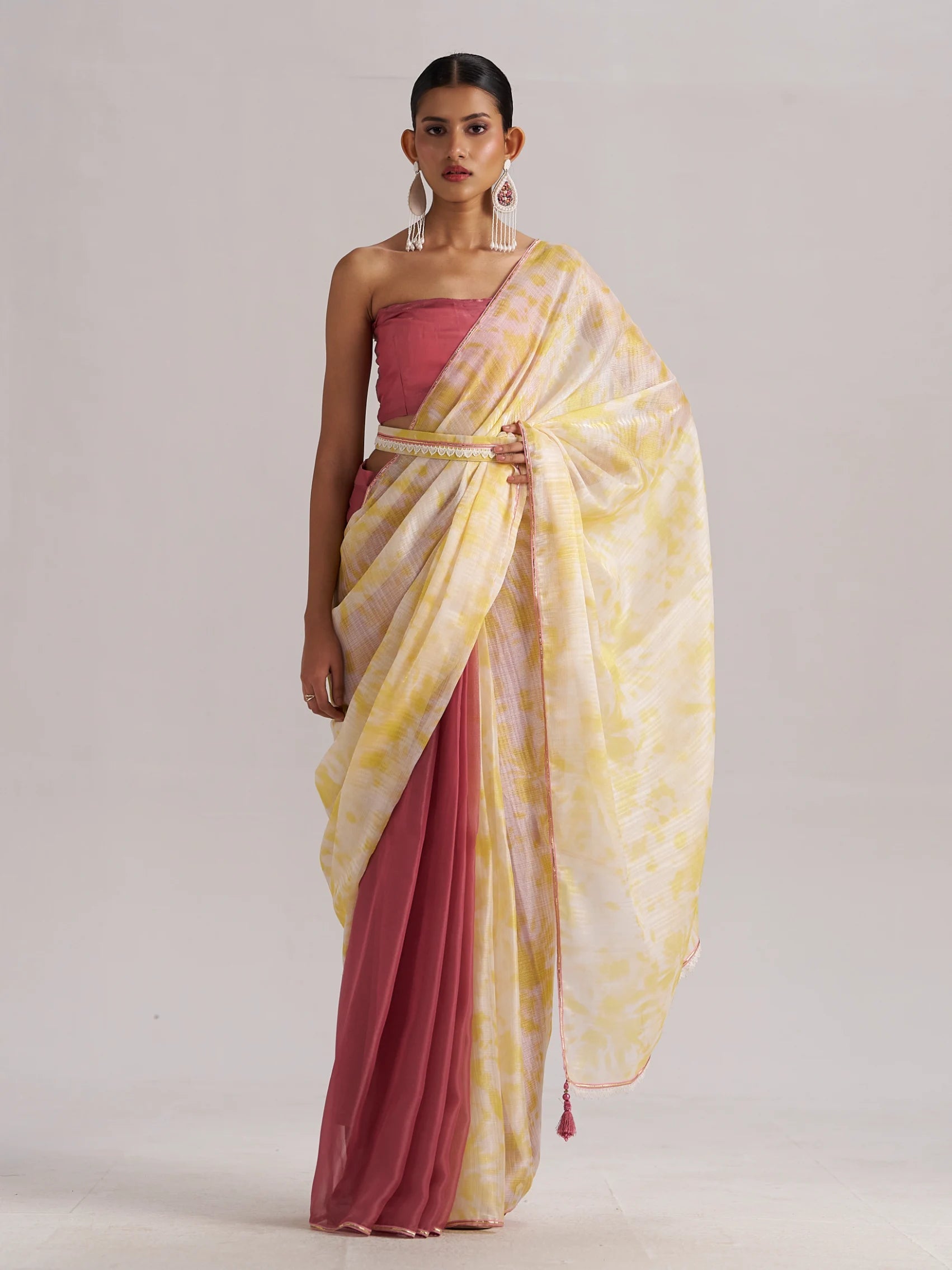 YELLOW BOUGAINVILLEA SOFT ORGANZA READY TO WEAR SAREE