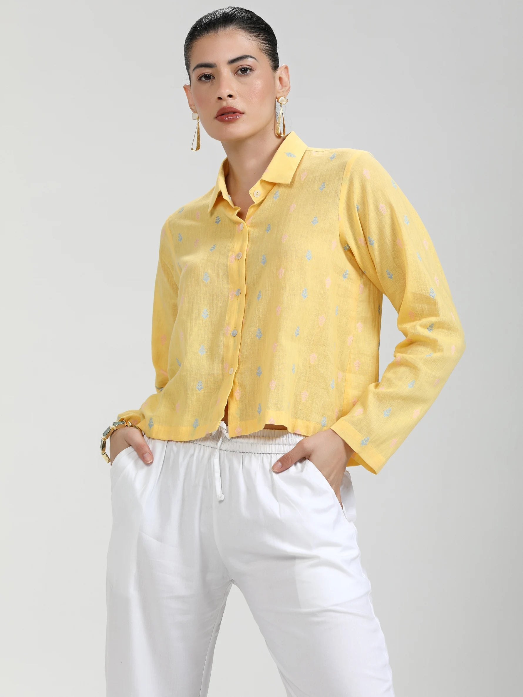 YELLOW COTTON COIN LEAF PRINTED TUNIC TOP