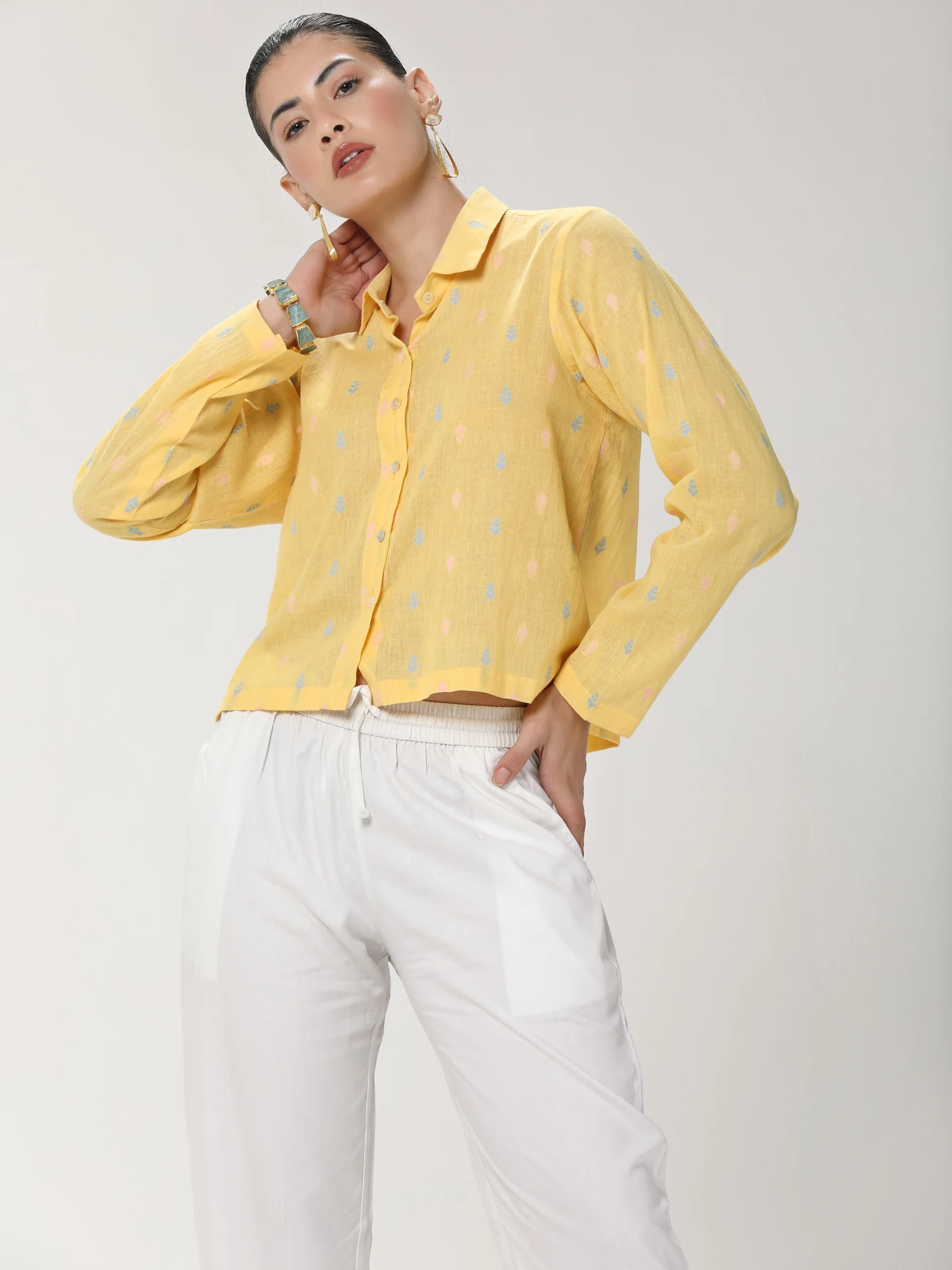 YELLOW COTTON COIN LEAF PRINTED TUNIC TOP