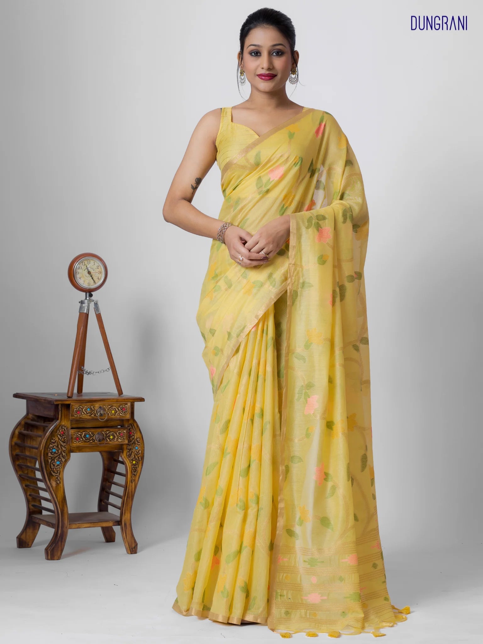 YELLOW LEAF MOTIF COTTON SILK JAAL SAREE