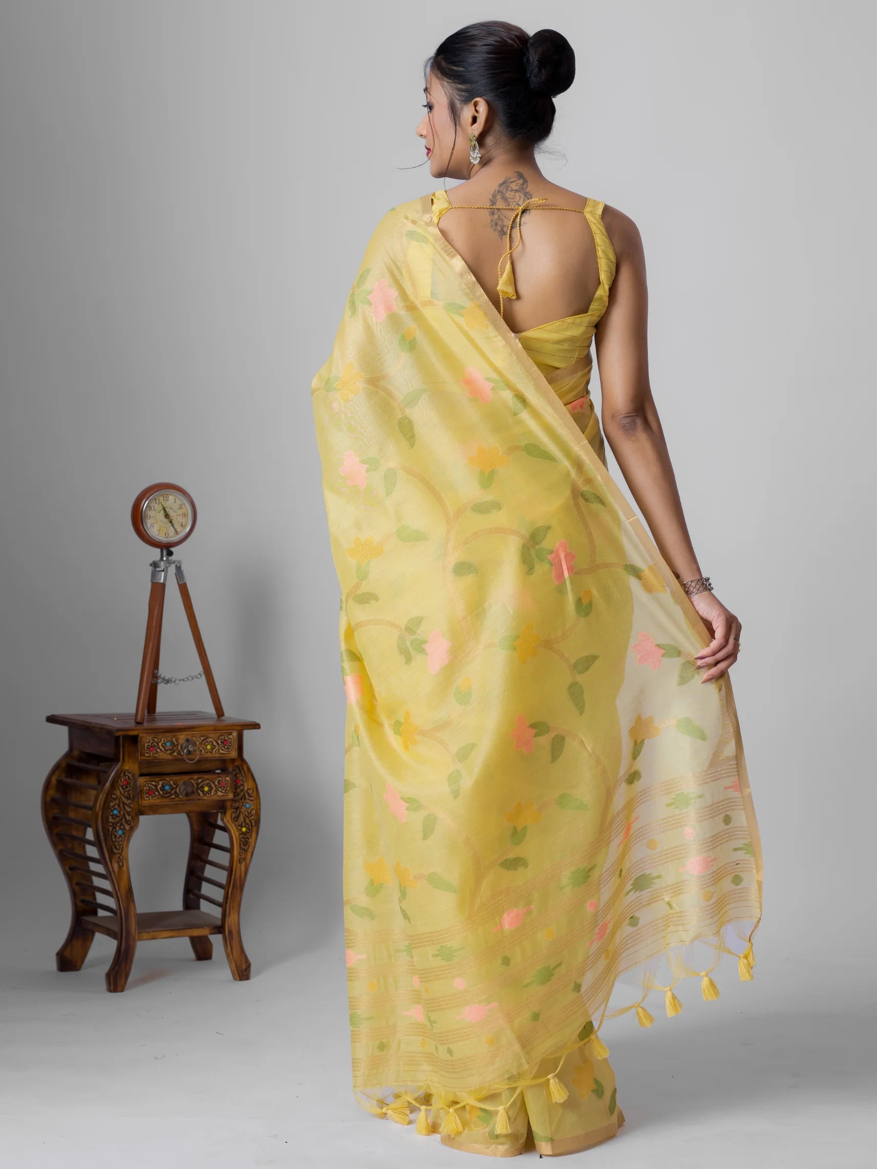 YELLOW LEAF MOTIF COTTON SILK JAAL SAREE