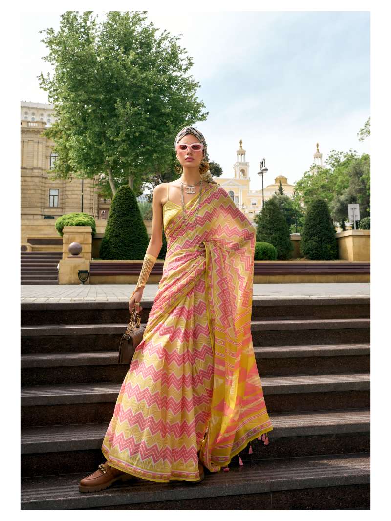 YELLOW VISCOSE MUL CONTEMPORARY PRINTED LIVA SAREE