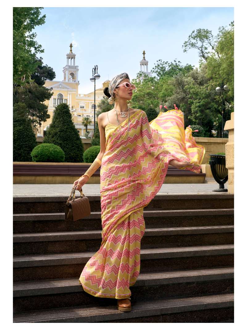 YELLOW MULMUL COTTON CONTEMPORARY PRINTED LIVA SAREE