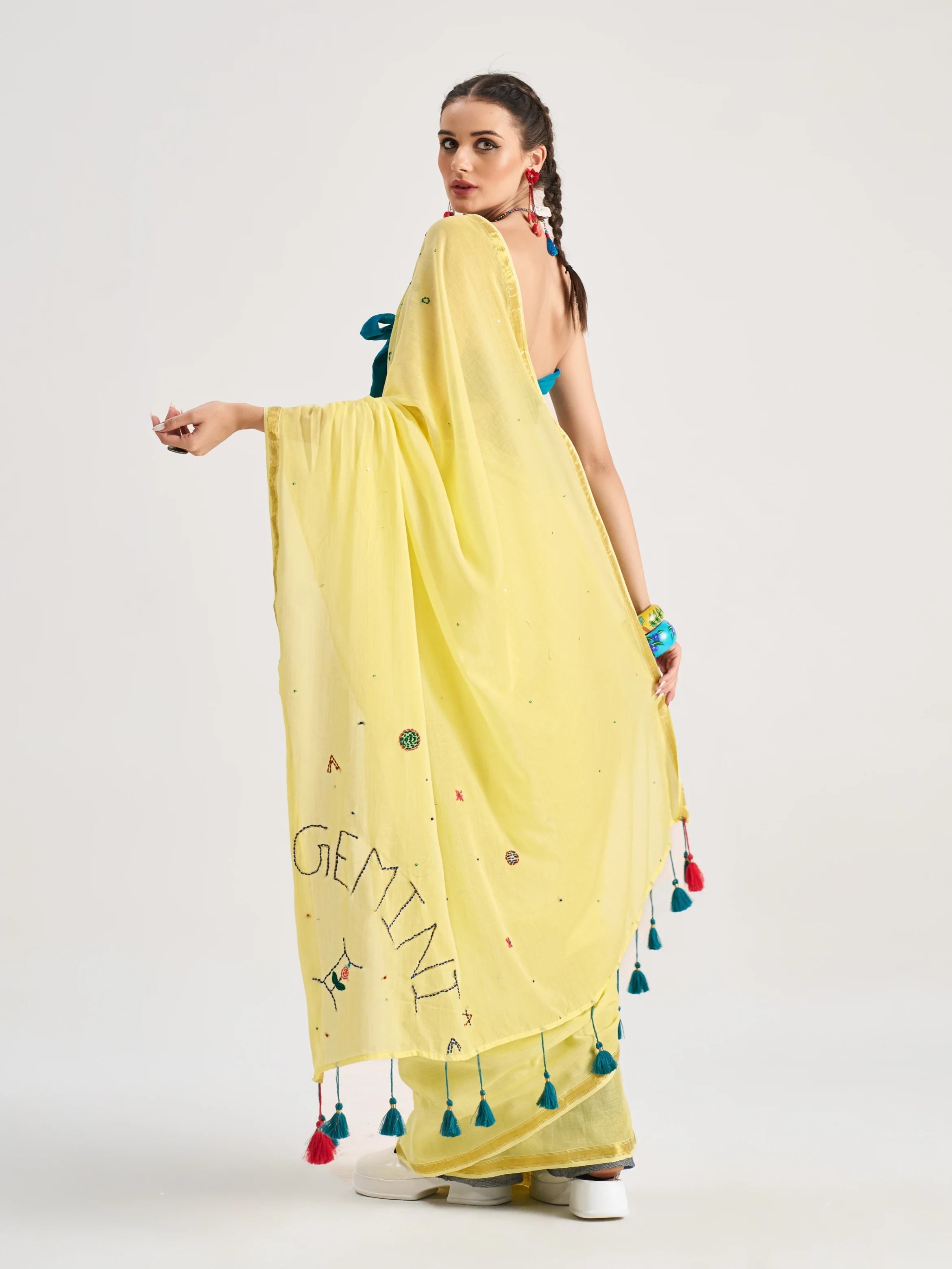 YELLOW MULMUL COTTON GEMINI VEDIC ZODIAC THREAD WORK SAREES