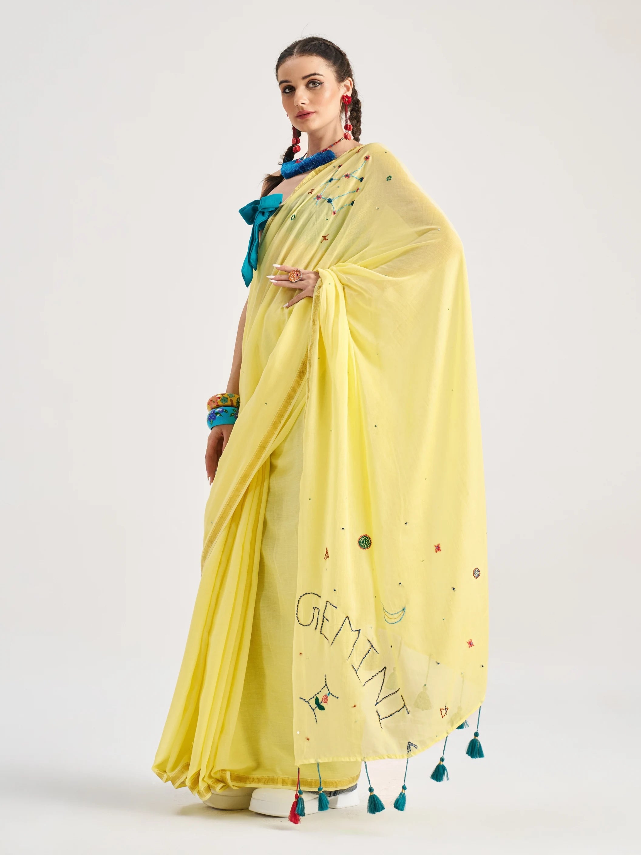 YELLOW VISCOSE MUL GEMINI VEDIC ZODIAC THREAD WORK SAREES