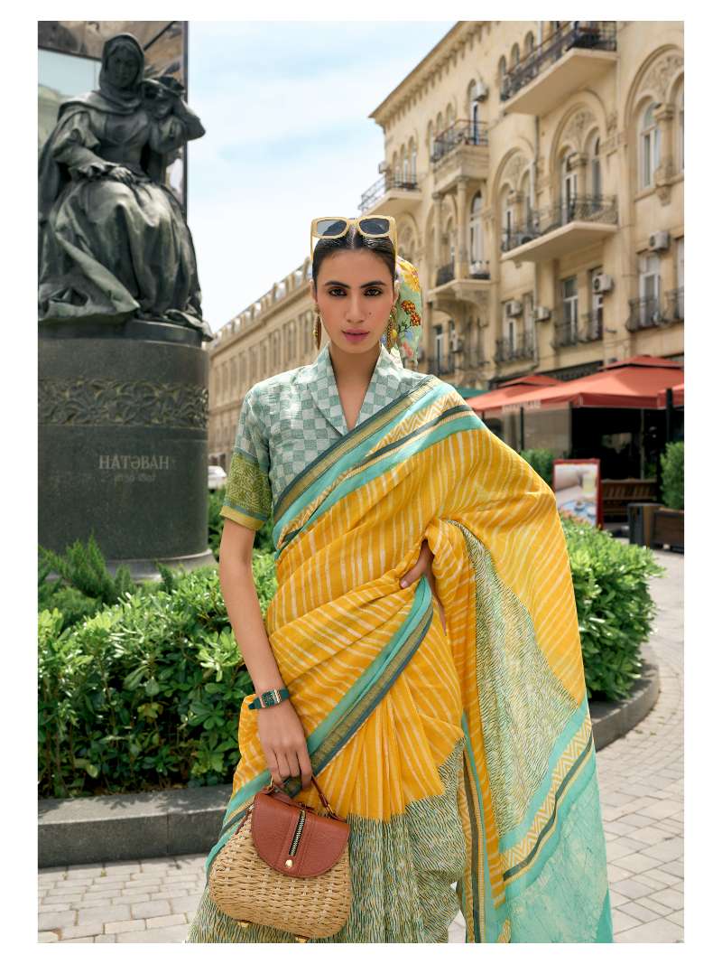 YELLOW VISCOSE MUL LIVA BLOCK PRINTED SAREE