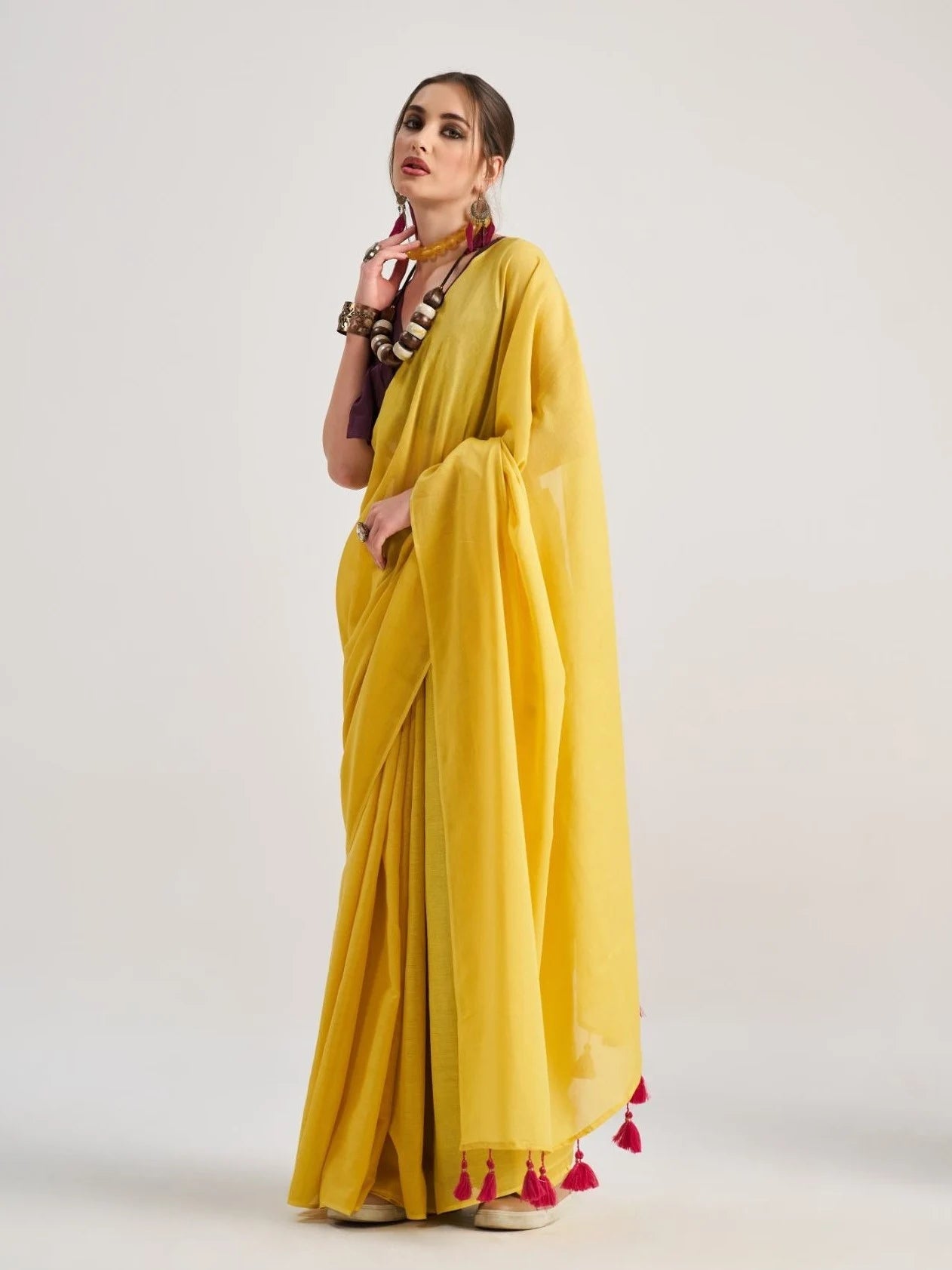 YELLOW VISCOSE MUL LIVA SOLID SAREE