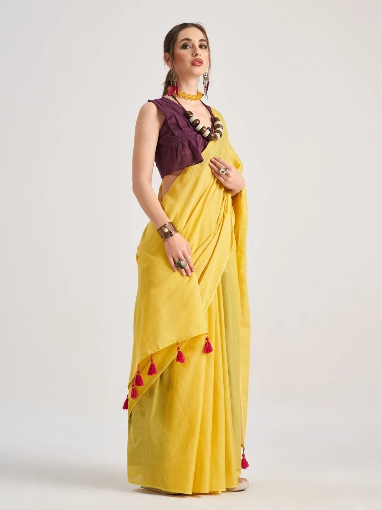 YELLOW VISCOSE MUL LIVA SOLID SAREE