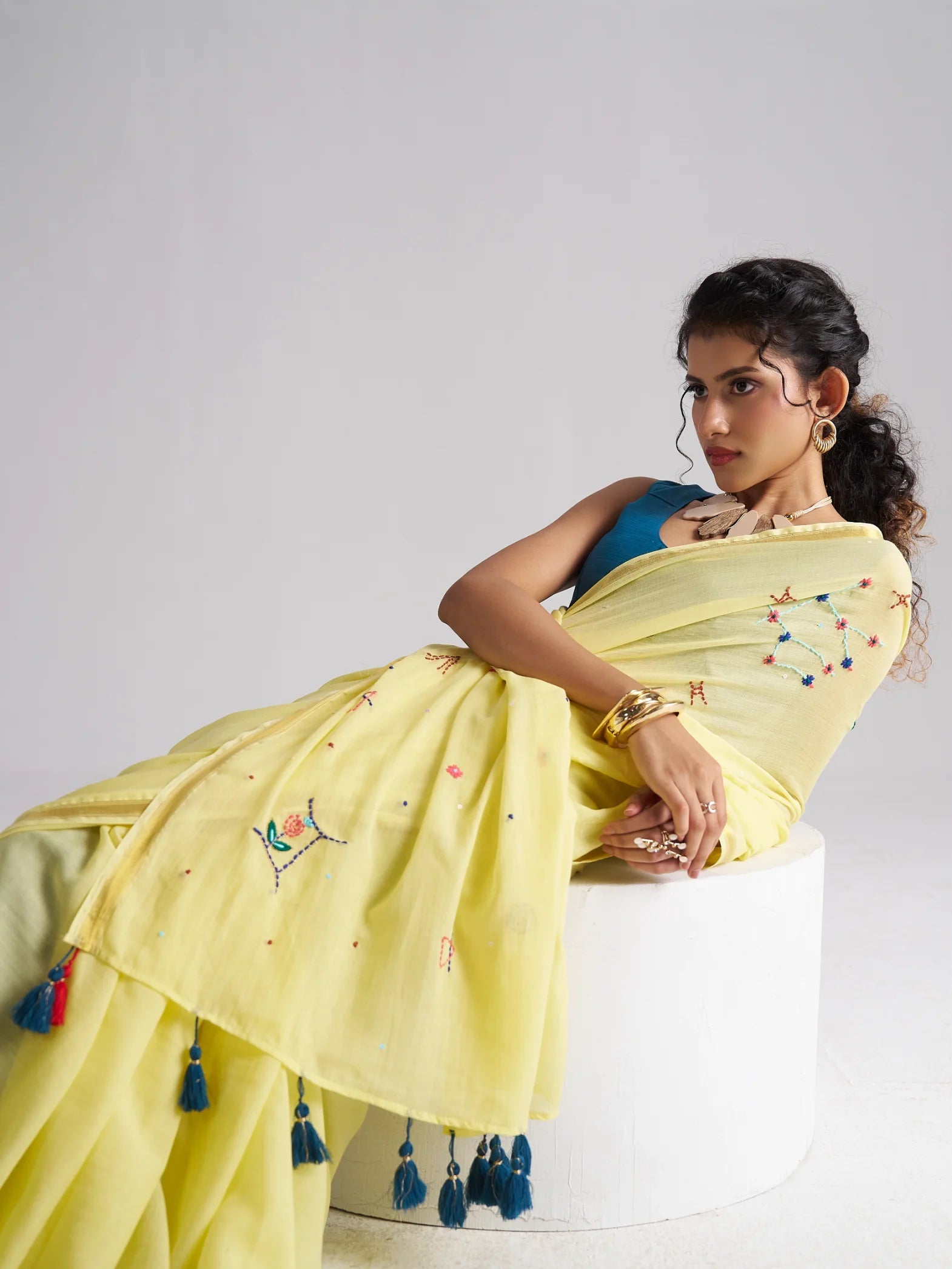 YELLOW VISCOSE MUL THREAD WORK SAREES