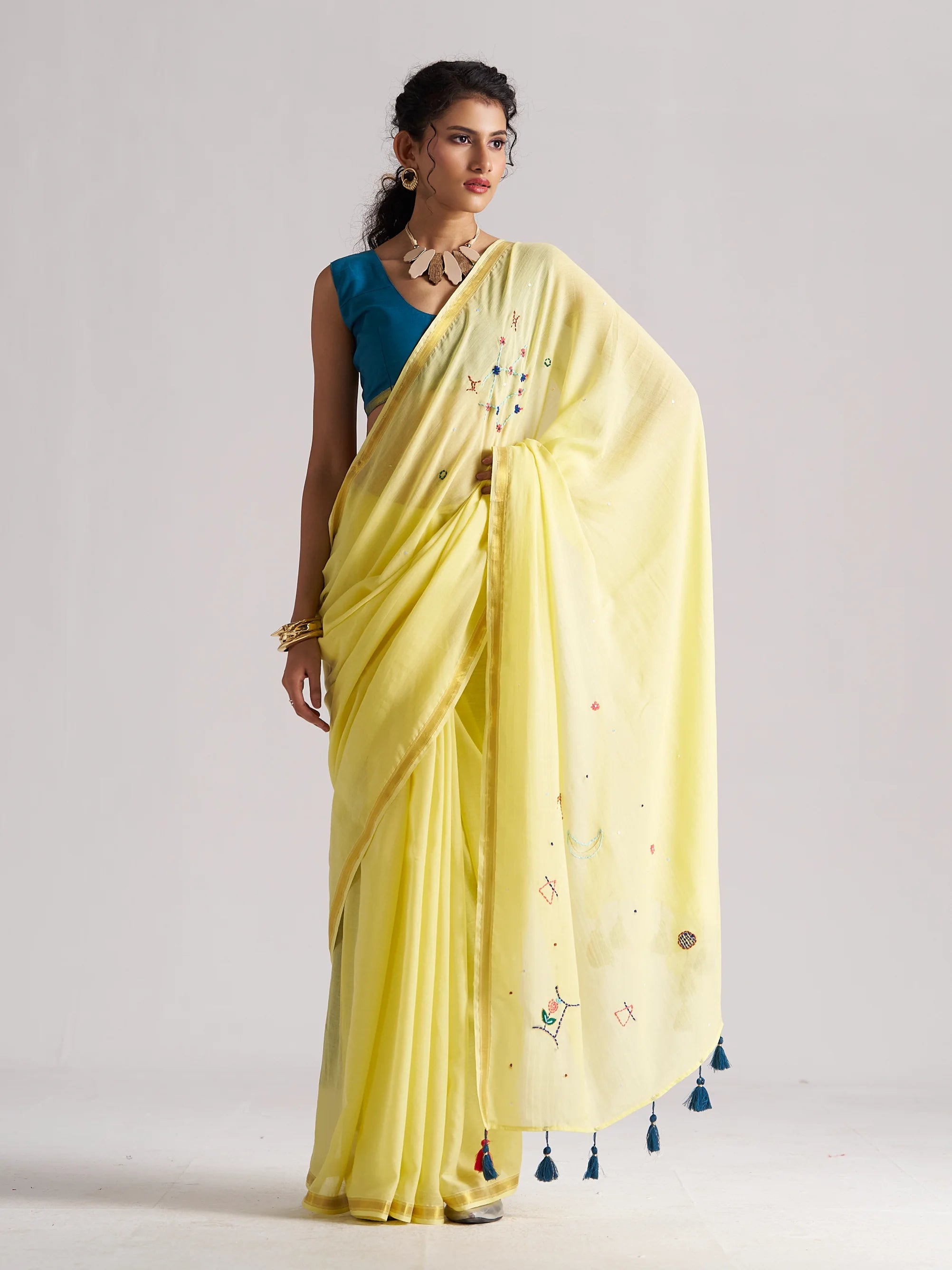 YELLOW VISCOSE MUL THREAD WORK SAREES