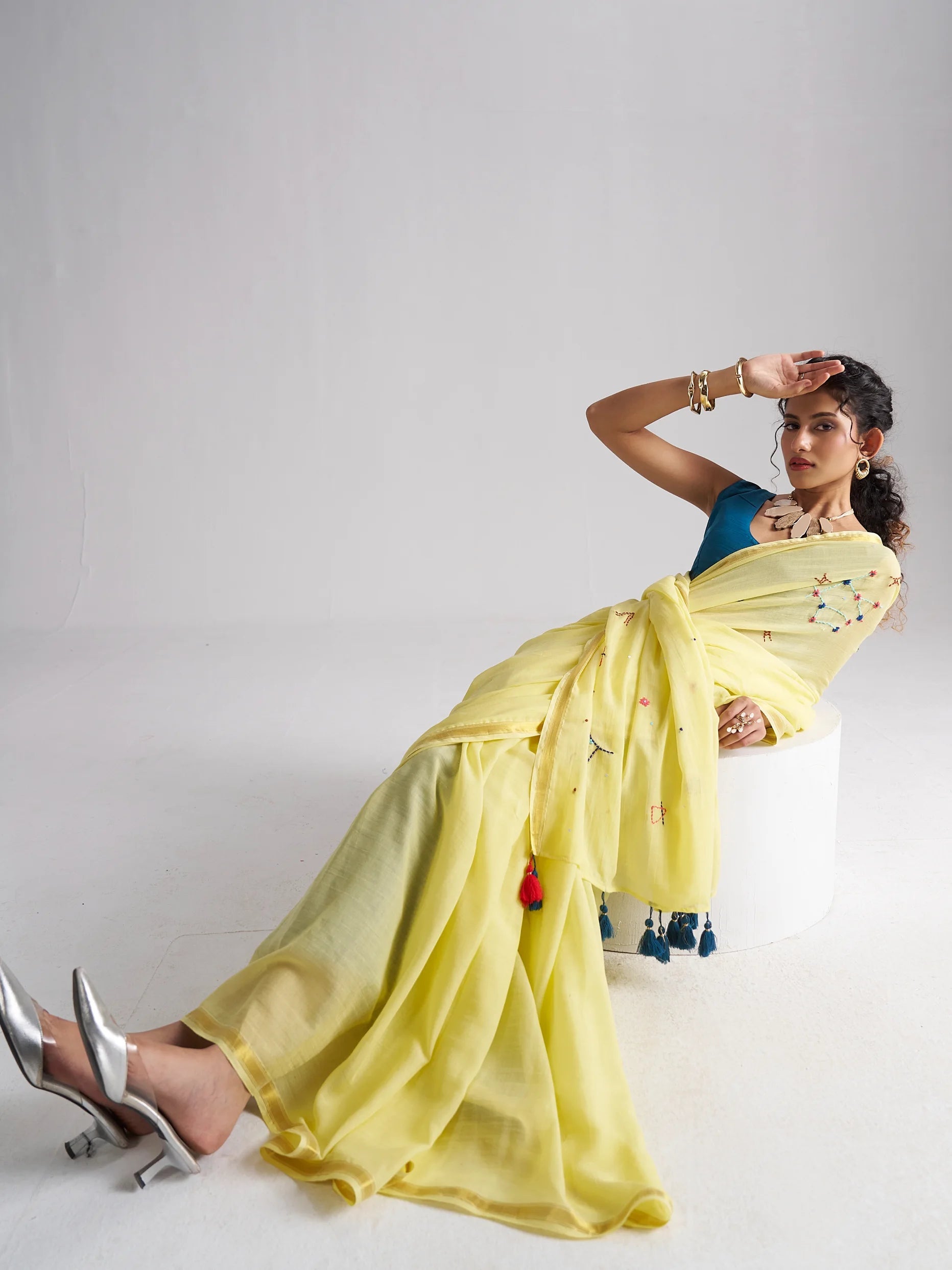 YELLOW VISCOSE MUL THREAD WORK SAREES