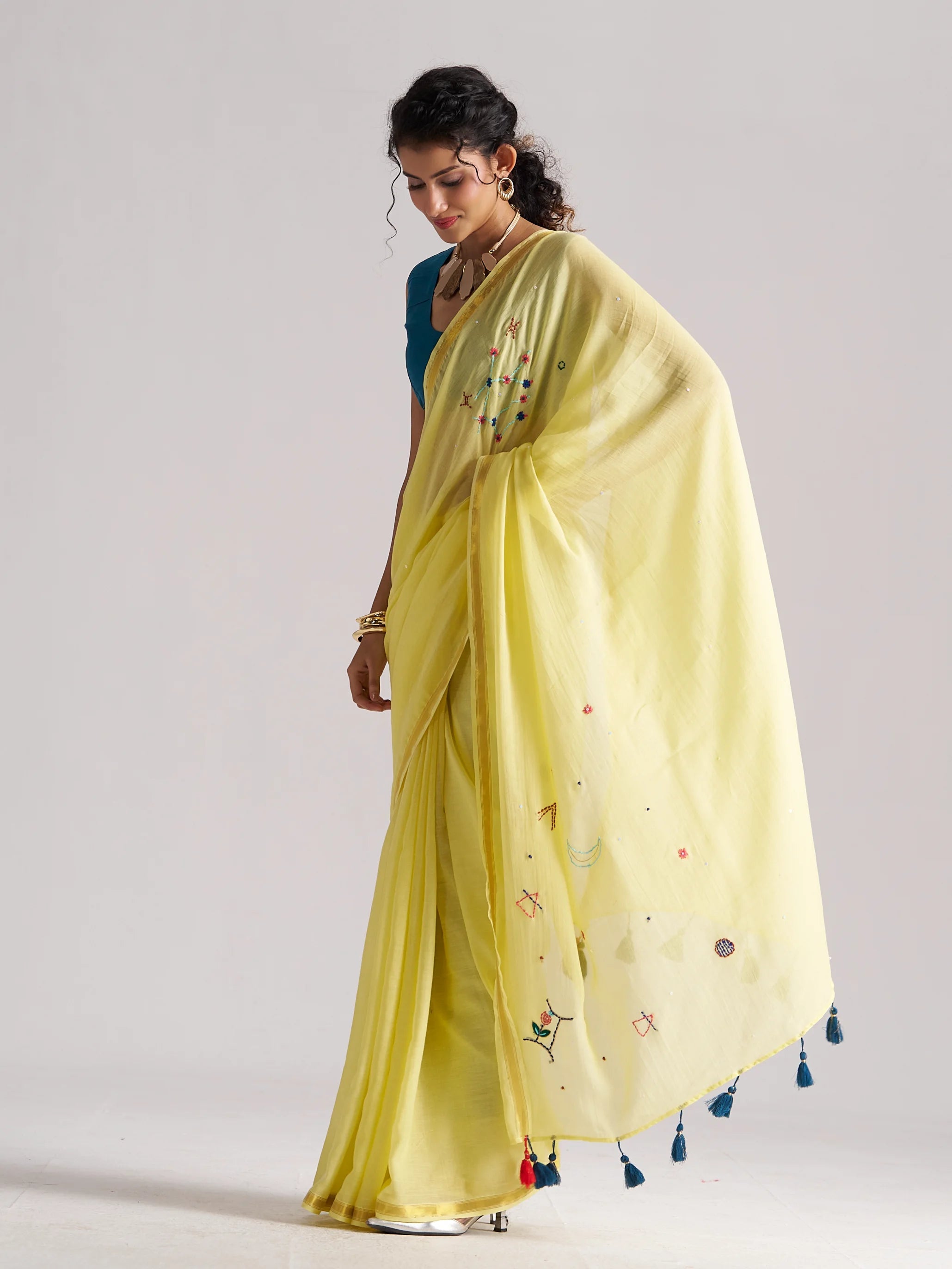 YELLOW VISCOSE MUL THREAD WORK SAREES