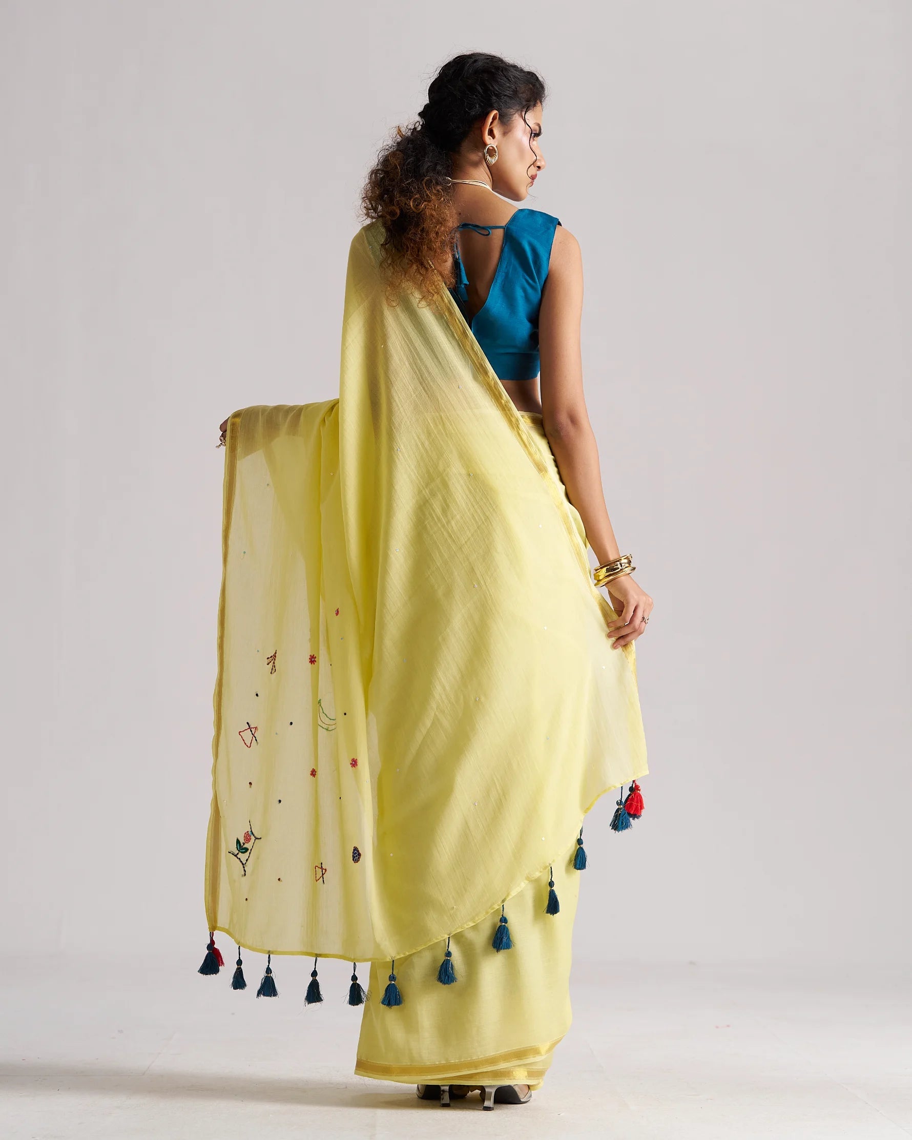 YELLOW VISCOSE MUL THREAD WORK SAREES