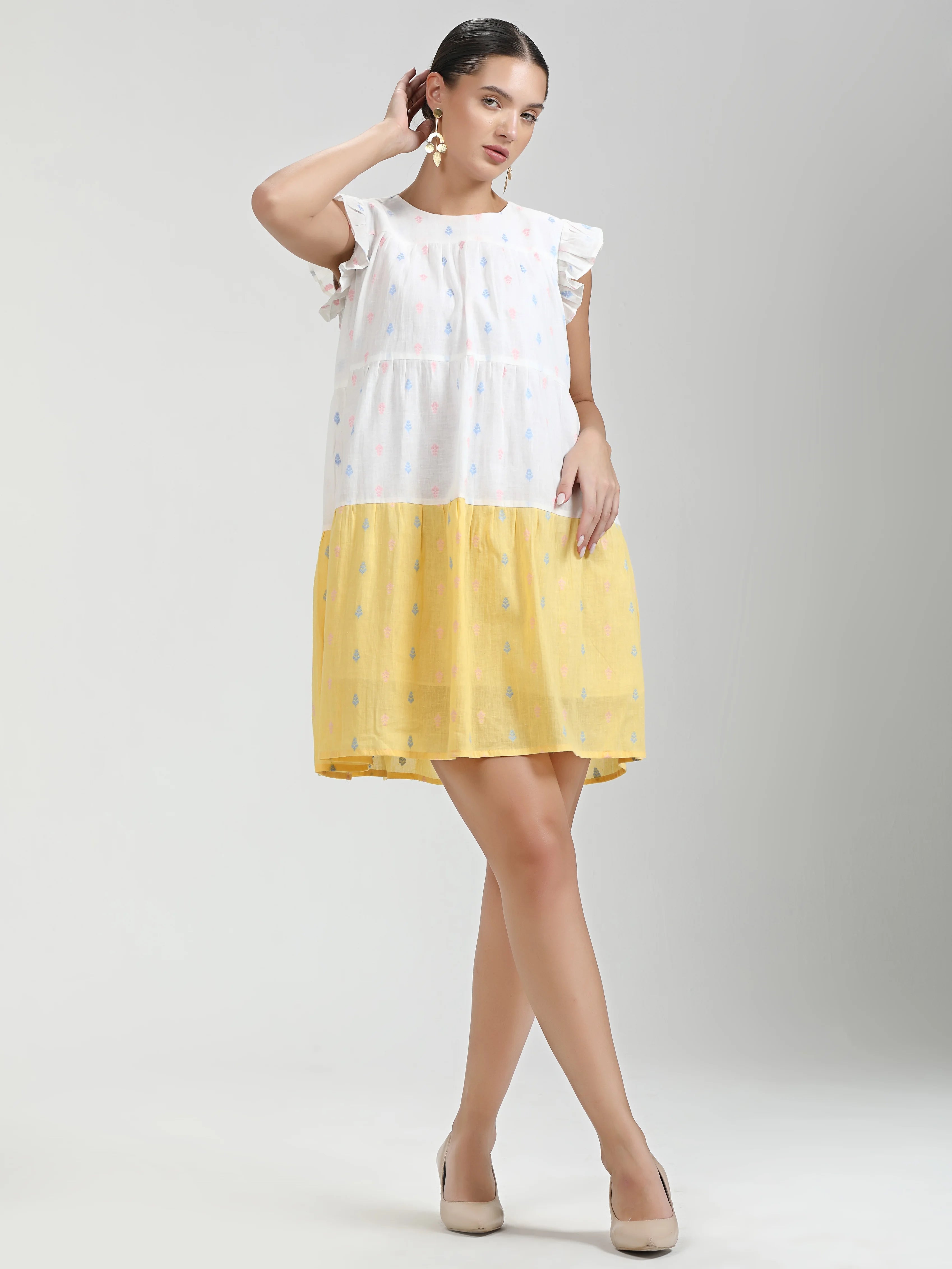 YELLOW WHITE COTTON CANDY LEAF ONE PCS DRESS