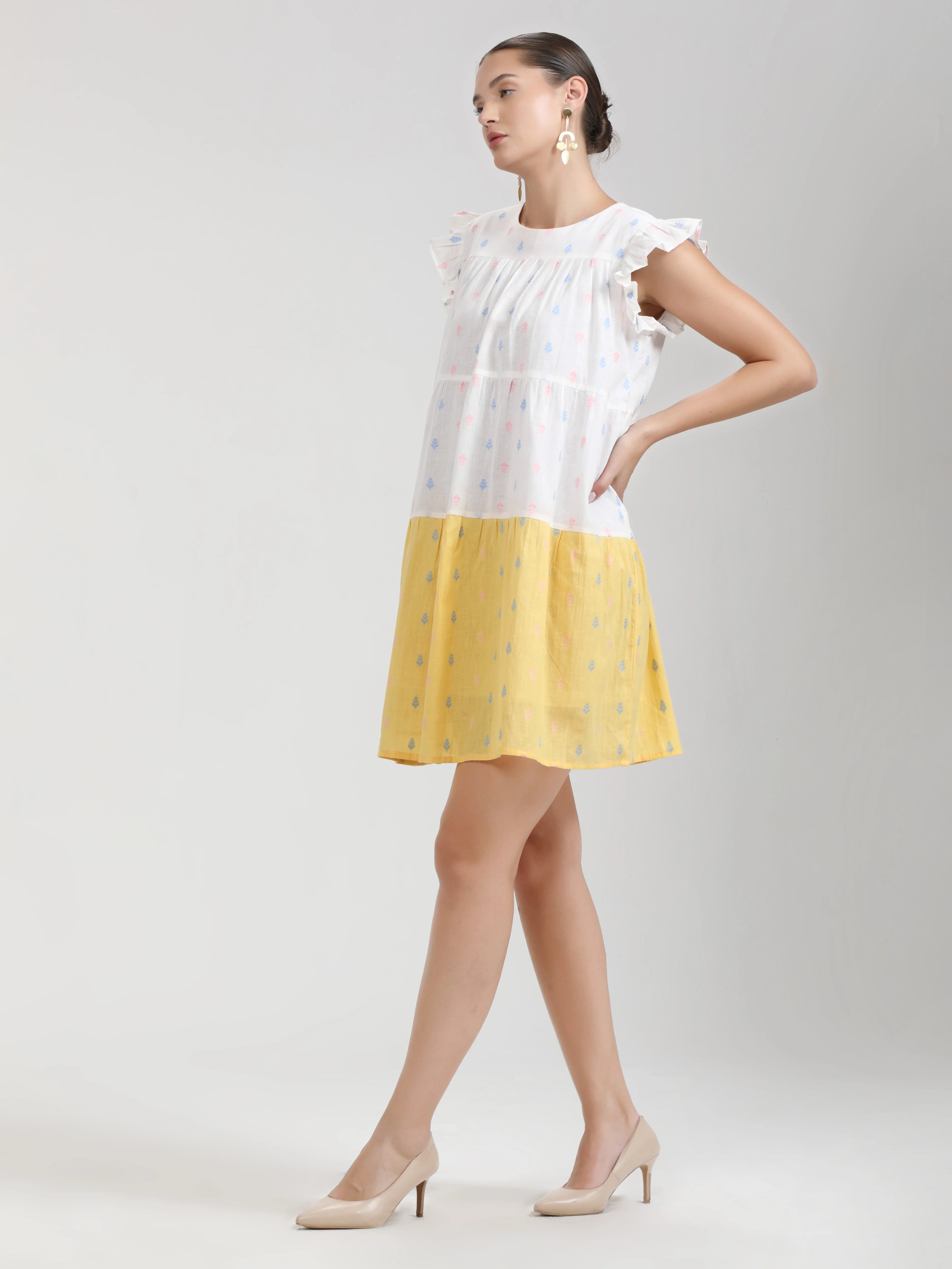 YELLOW WHITE COTTON CANDY LEAF ONE PCS DRESS