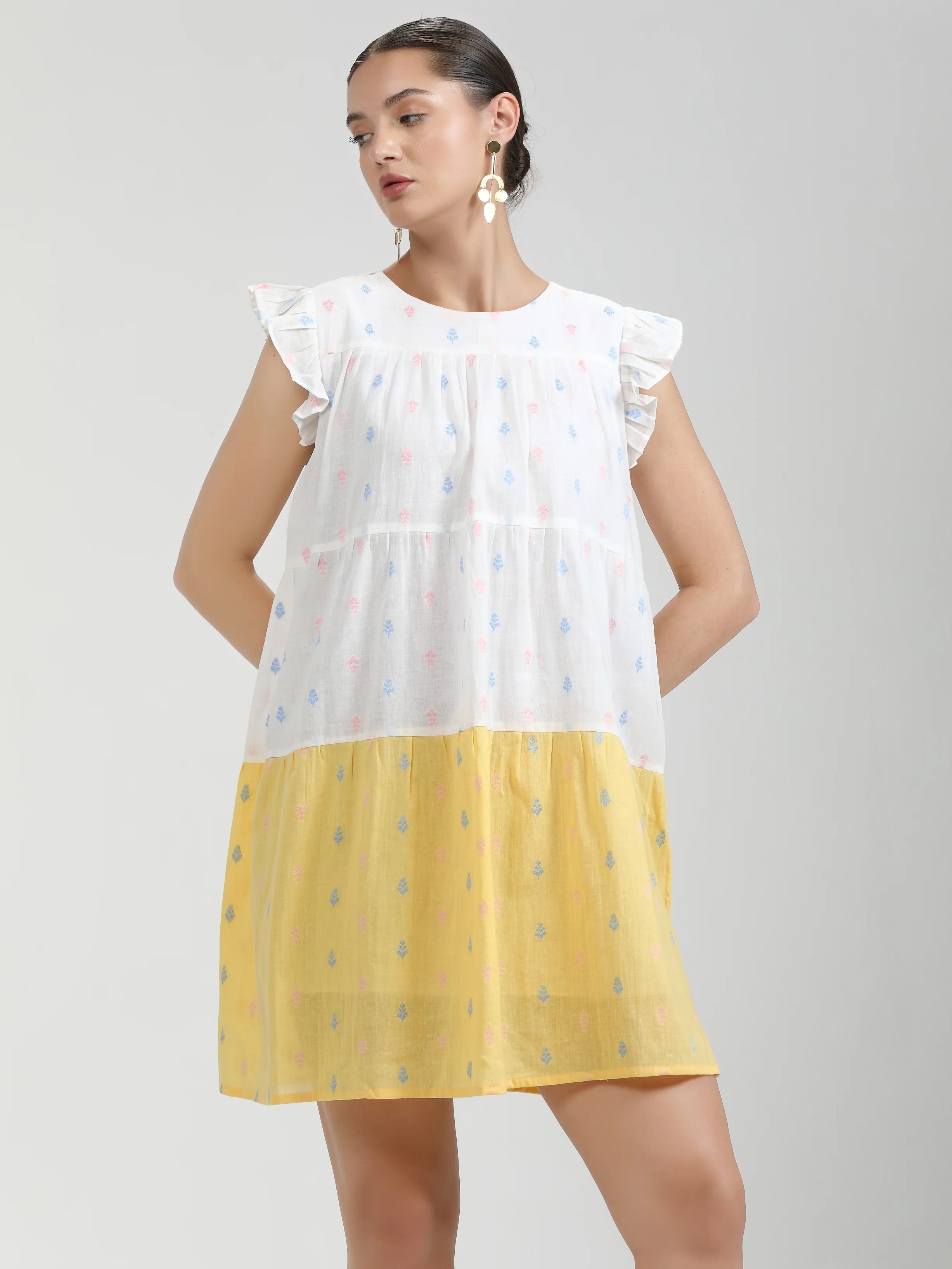 YELLOW WHITE COTTON CANDY LEAF ONE PCS DRESS