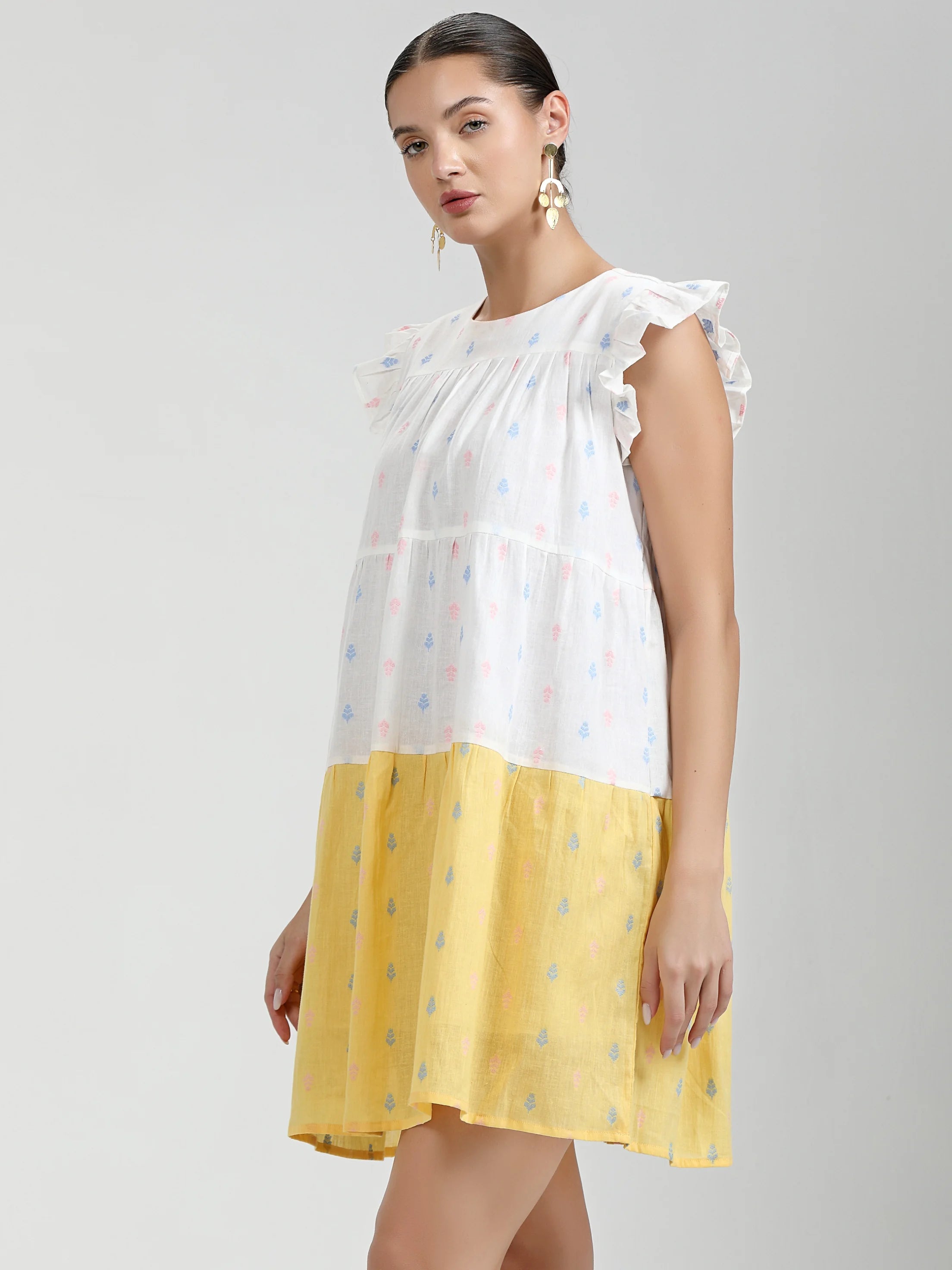 YELLOW WHITE COTTON CANDY LEAF ONE PCS DRESS