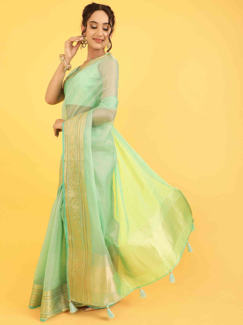 TURQUOISE ORGANZA TISSUE SILK SAREE WITH BLOUSE