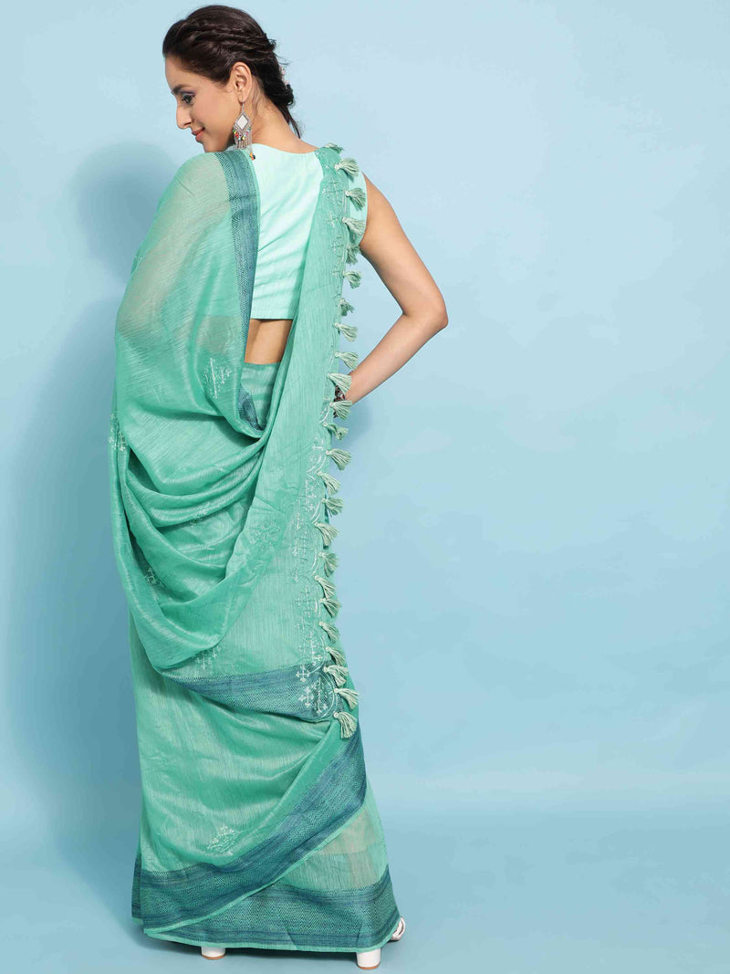 TURQUOISE COTTON SILK SAREE WITH BLOUSE