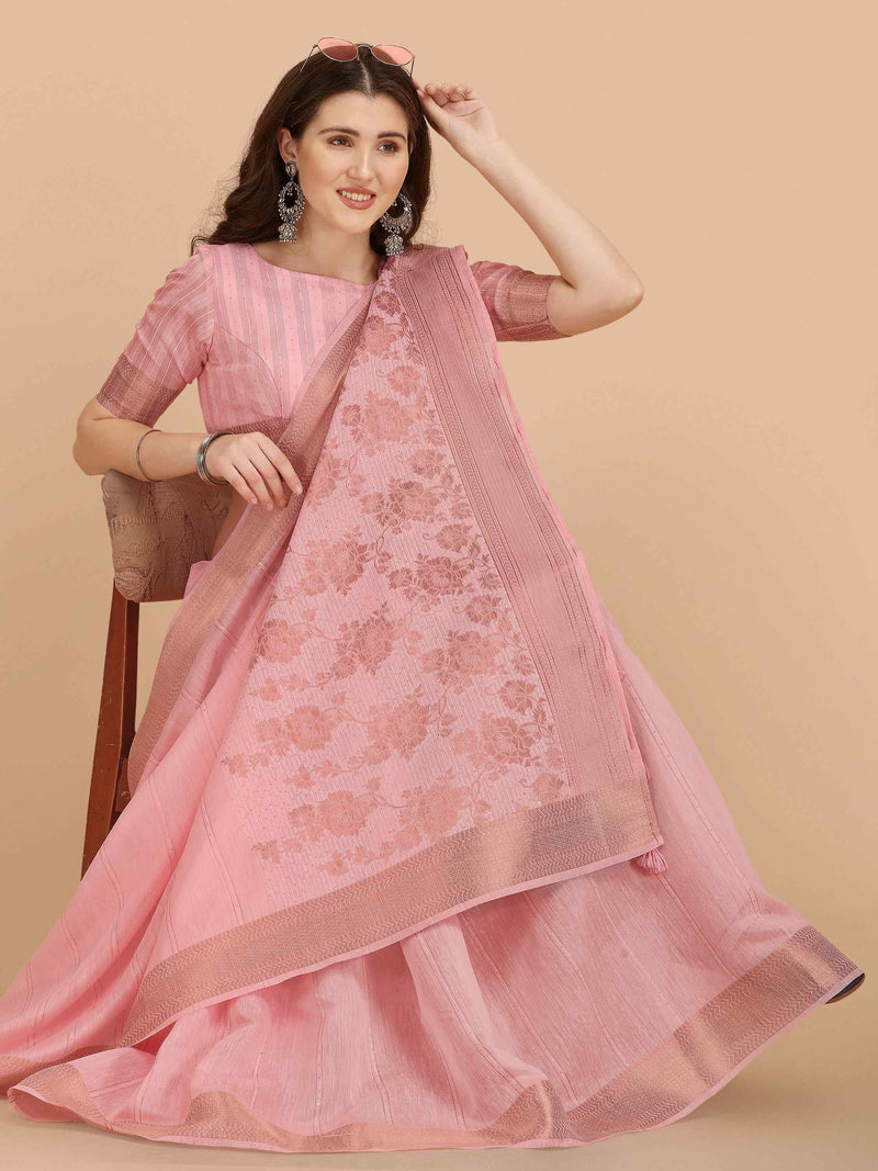 PINK FLORAL COTTON SILK SAREE WITH BLOUSE