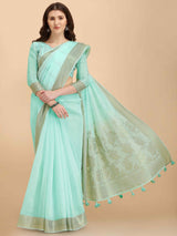 TURQUOISE FLORAL COTTON SILK SAREE WITH BLOUSE