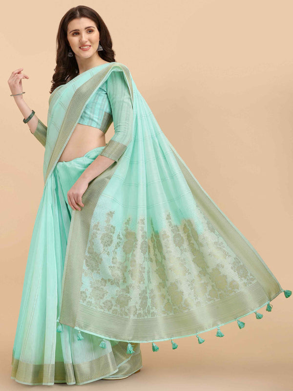 TURQUOISE FLORAL COTTON SILK SAREE WITH BLOUSE