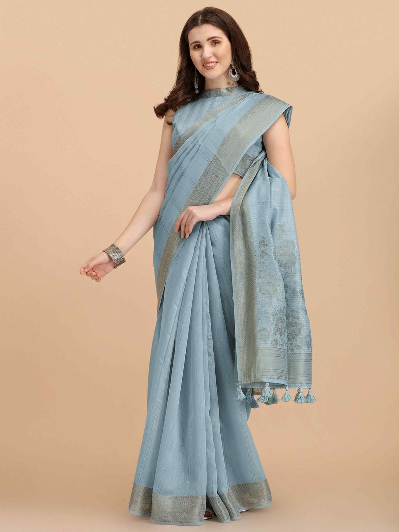 GRAY FLORAL COTTON SILK SAREE WITH BLOUSE