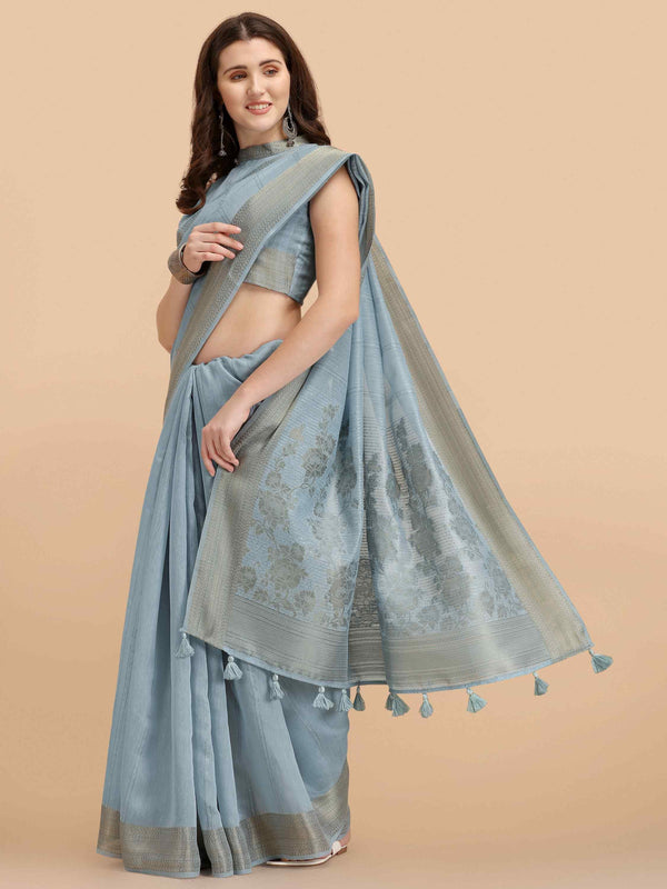 GRAY FLORAL COTTON SILK SAREE WITH BLOUSE