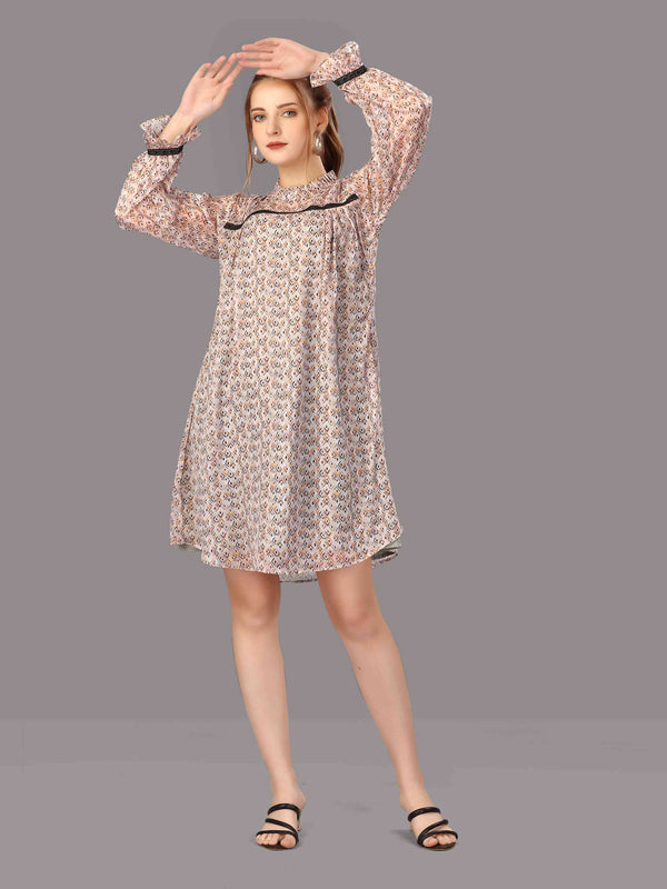 GREY GEOMETRIC PRINTED A-LINE DRESS WITH INNER