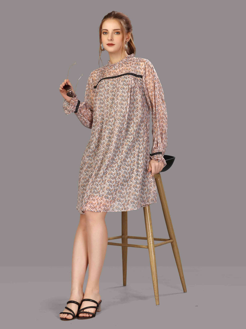 GREY GEOMETRIC PRINTED A-LINE DRESS WITH INNER
