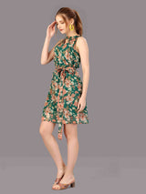 GREEN FLORAL PRINTED DRESS WITH BELT