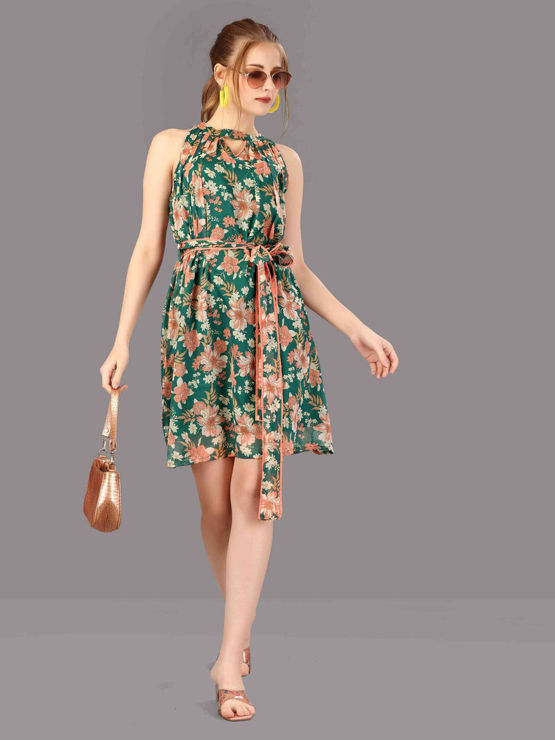 GREEN FLORAL PRINTED DRESS WITH BELT